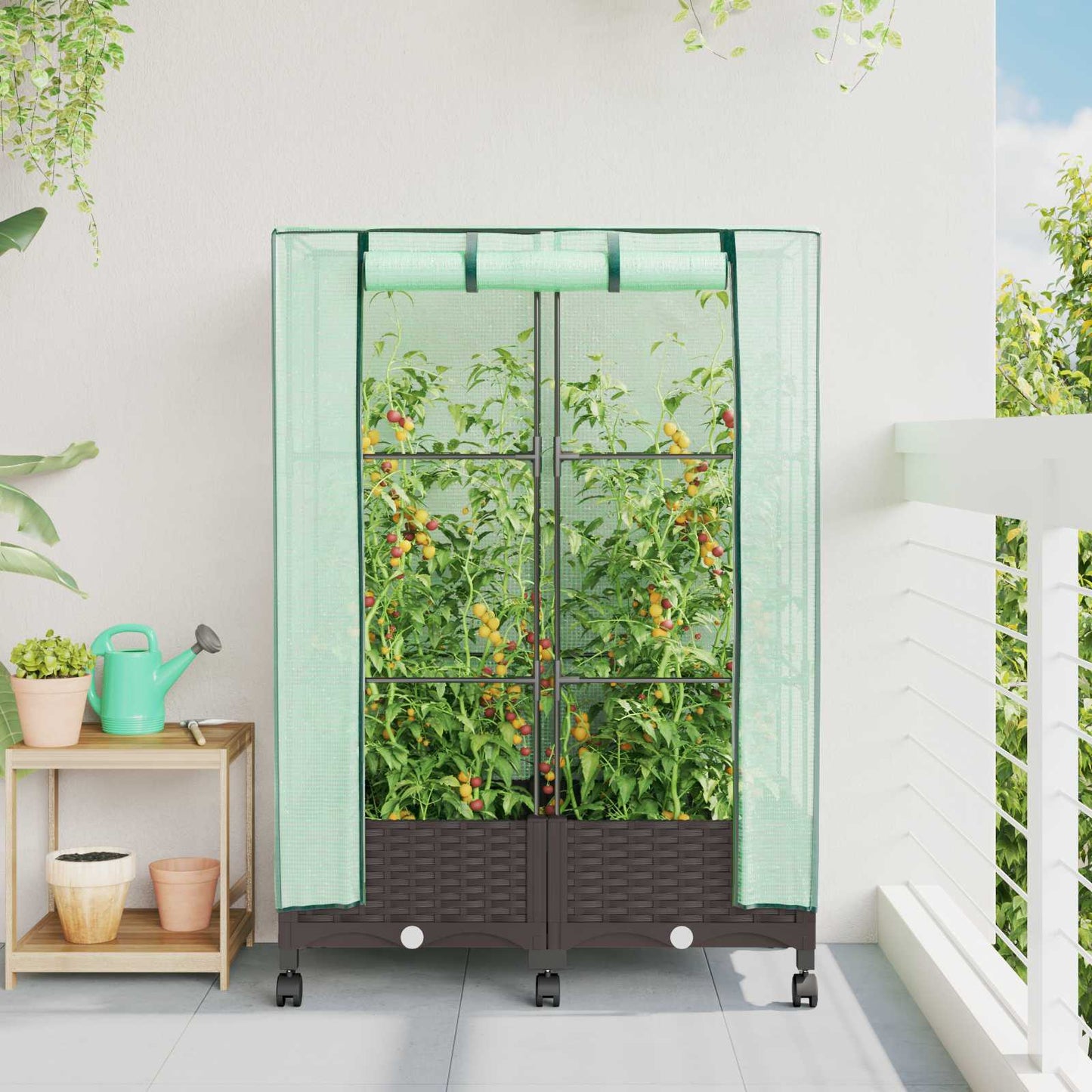 Gartenplanter mit Gewächshausabdeckung und Rädern 2 Stk. Braun