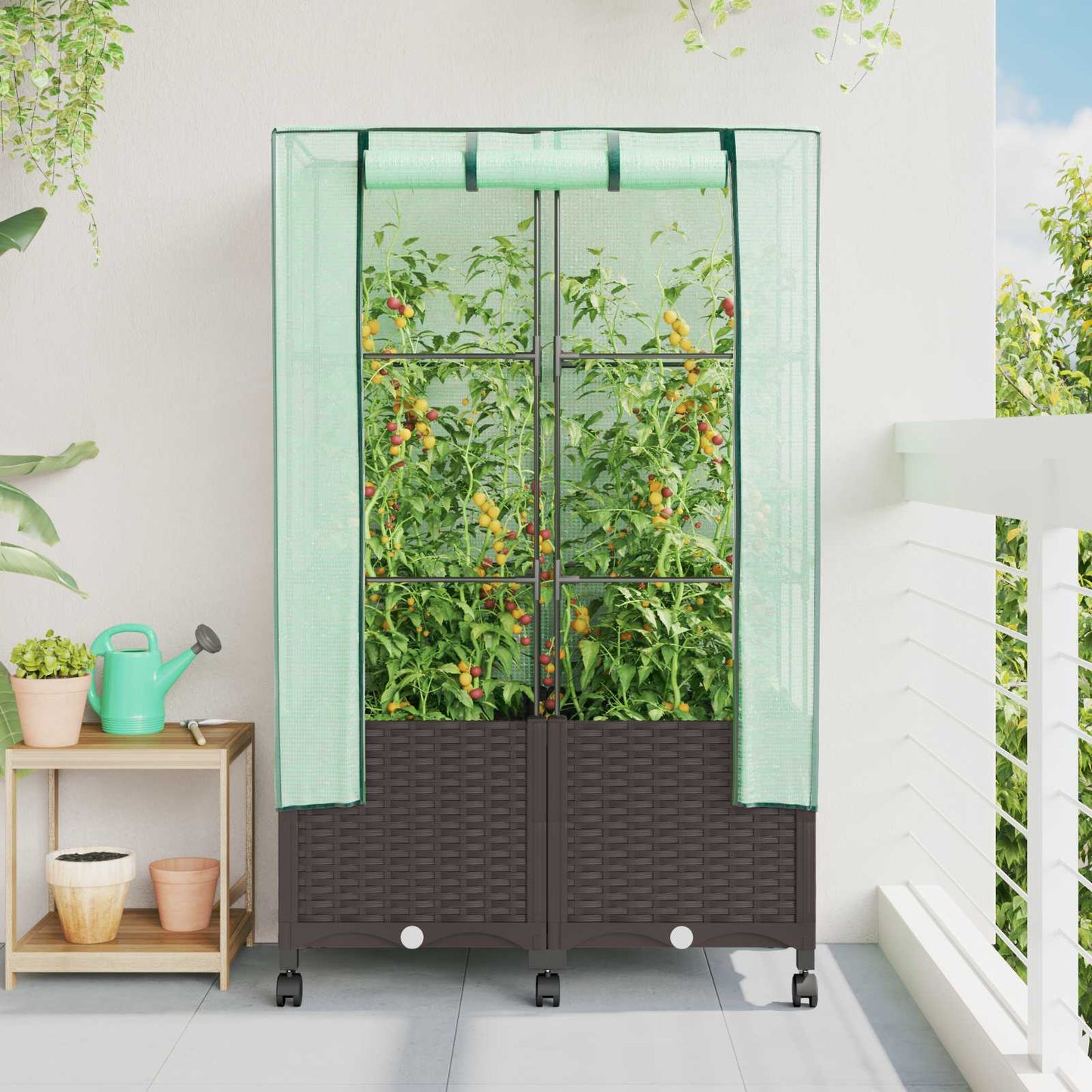 Gartenplanter mit Gewächshausabdeckung und Rädern 2 Stk. Braun