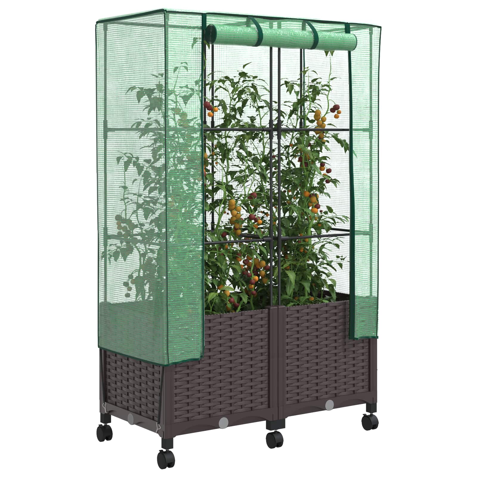 Gartenplanter mit Gewächshausabdeckung und Rädern 2 Stk. Braun