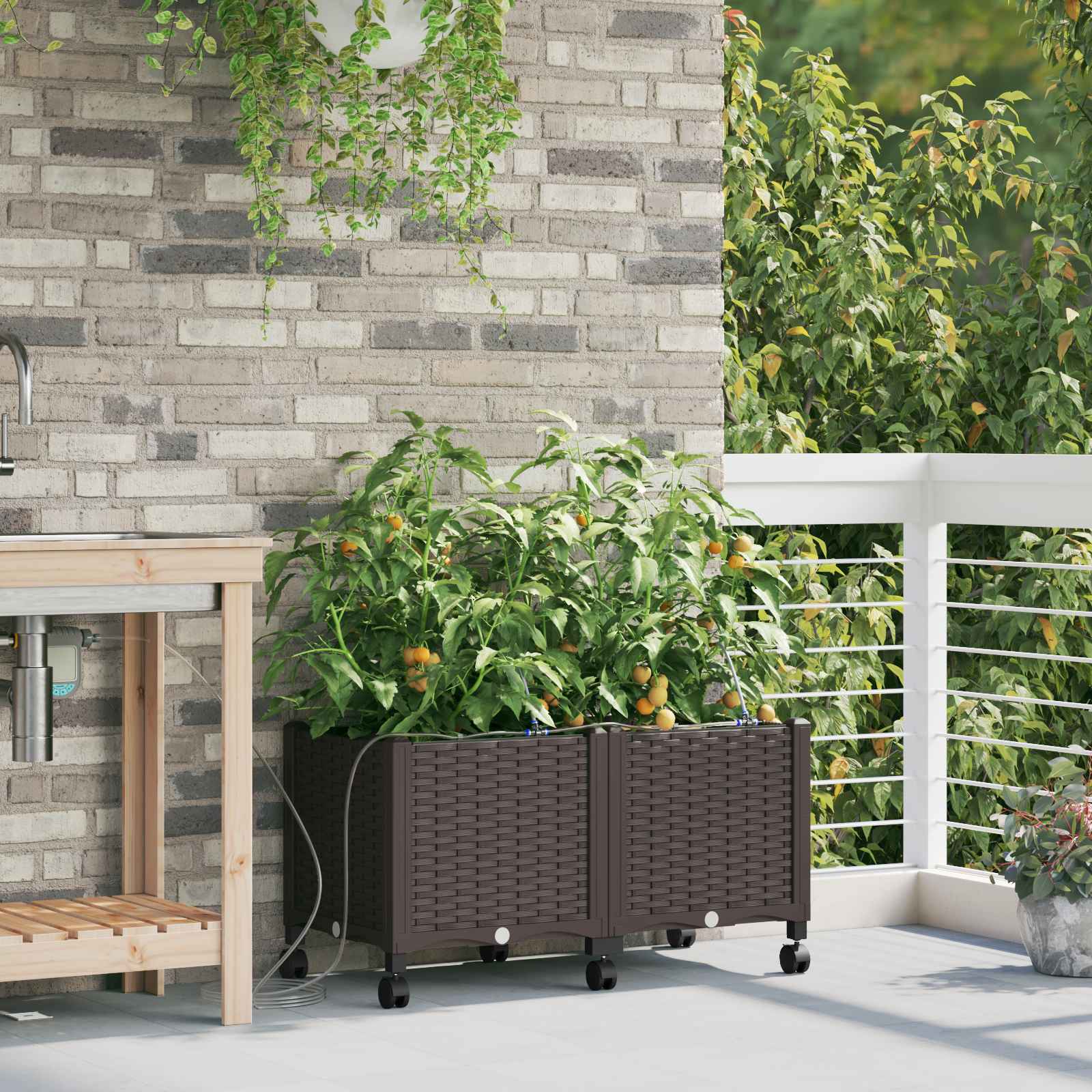 Garten Blumenkübel mit Bewässerung und Rädern 2 Stk. Braun PP
