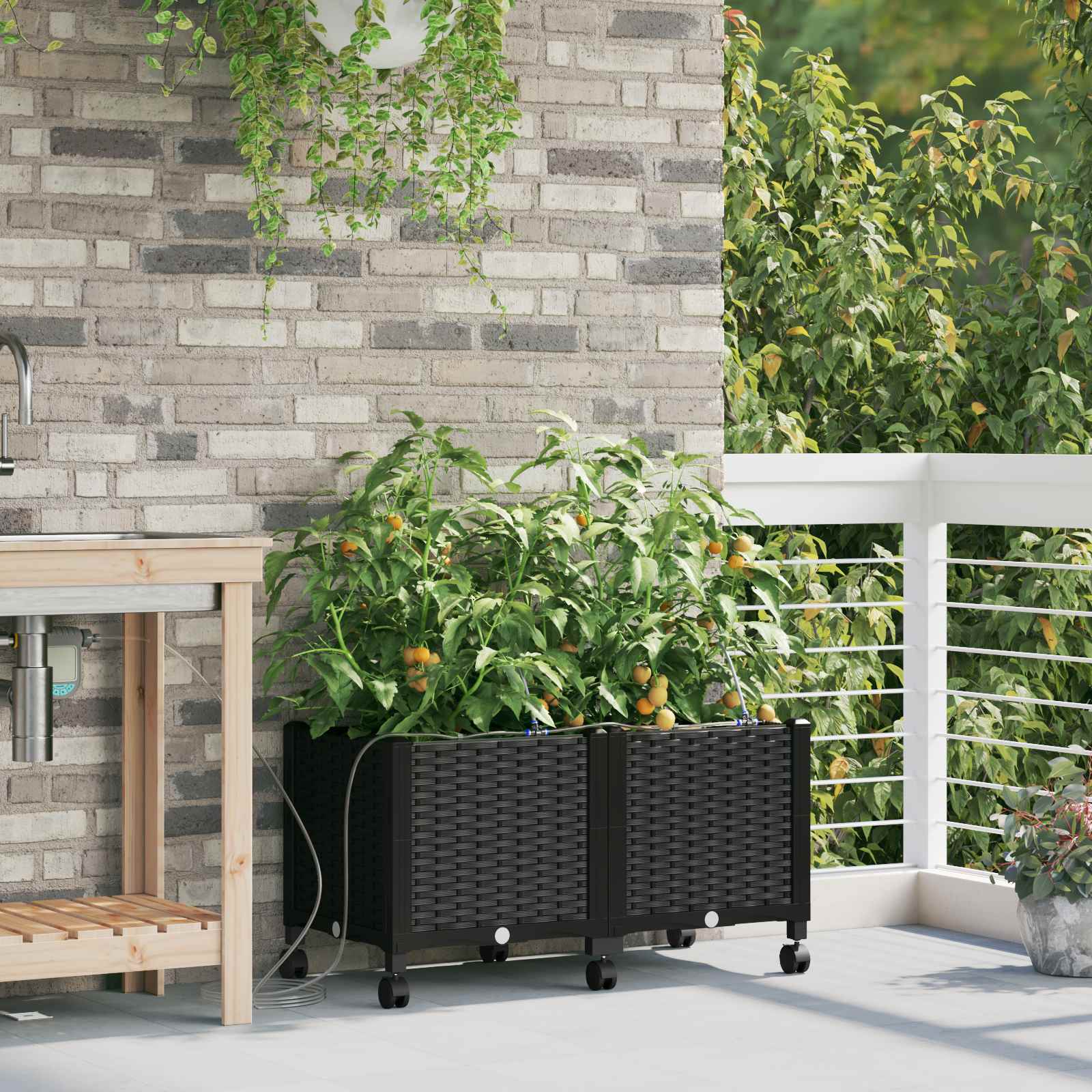 Garten Blumenkübel mit Bewässerung und Rädern 2 Stk. Schwarz PP