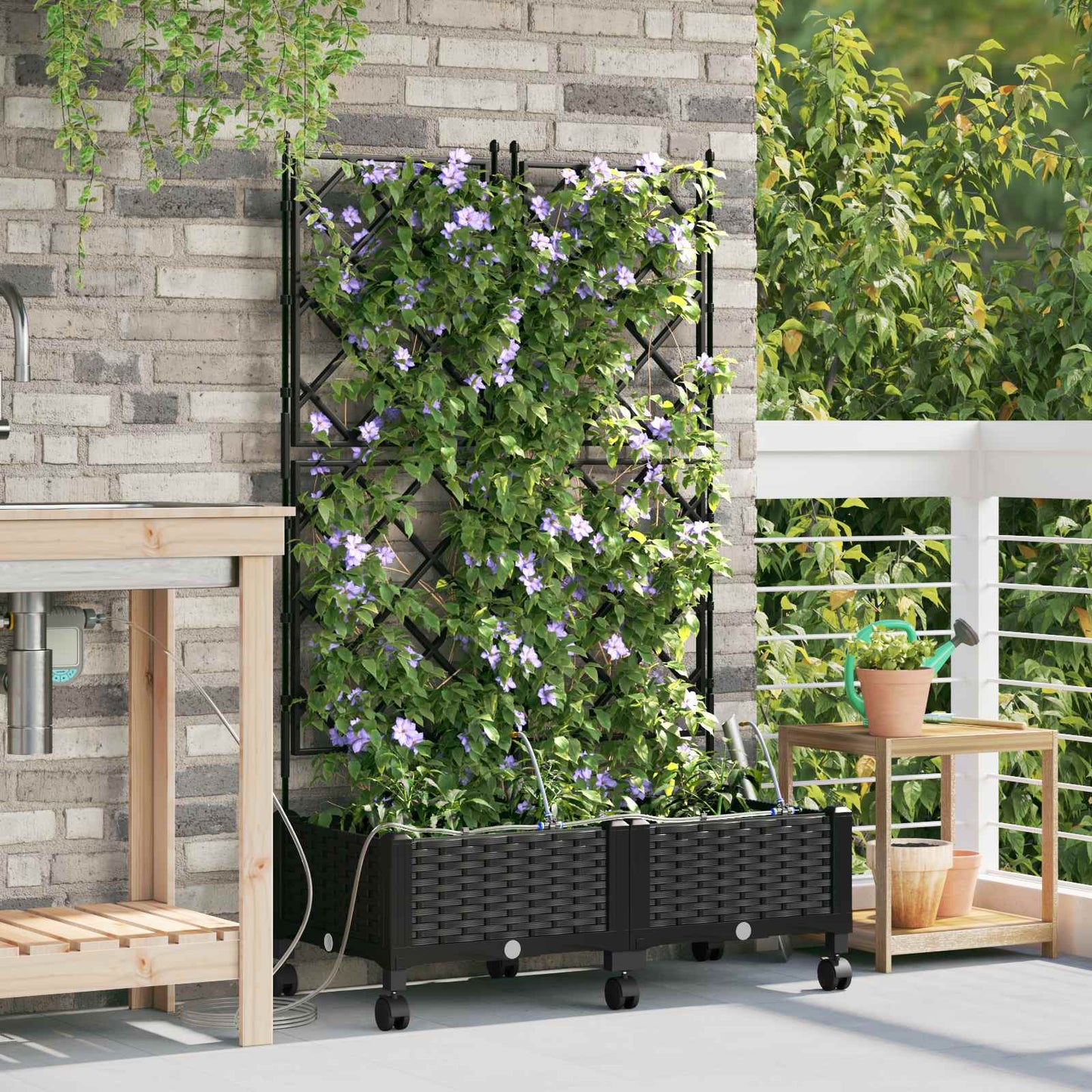 Garten Blumenkübel mit Bewässerung und Rädern 2 Stk. Schwarz PP