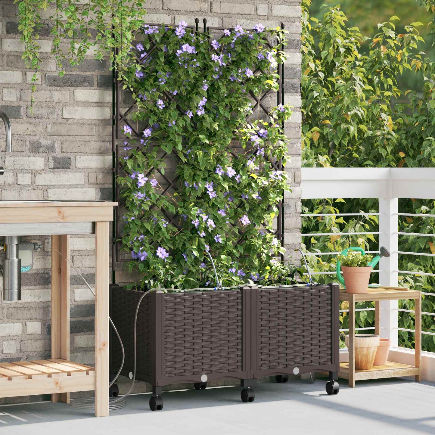 Garten Blumenkübel mit Bewässerung und Rädern 2 Stk. Braun PP