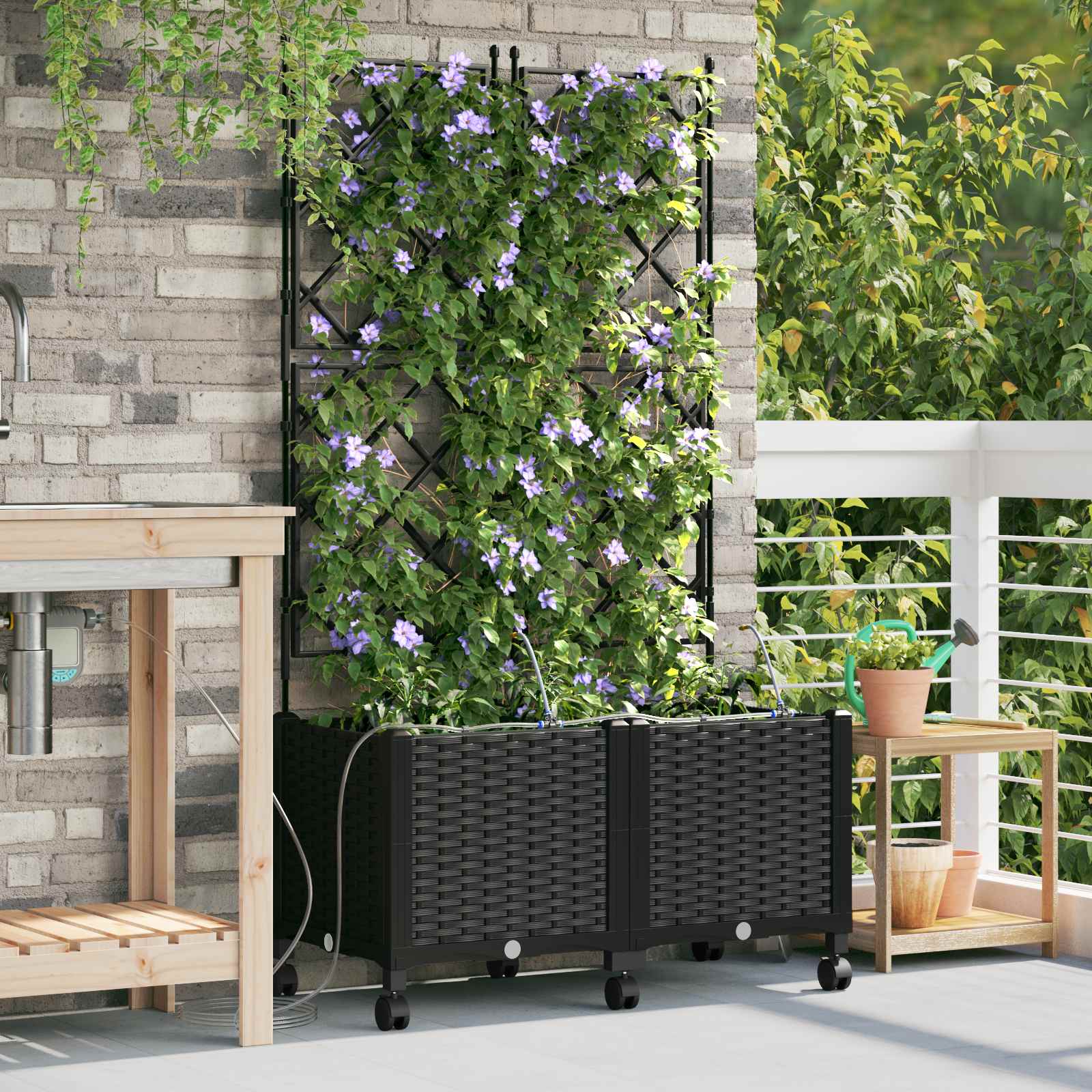 Garten Blumenkübel mit Bewässerung und Rädern 2 Stk. Schwarz PP