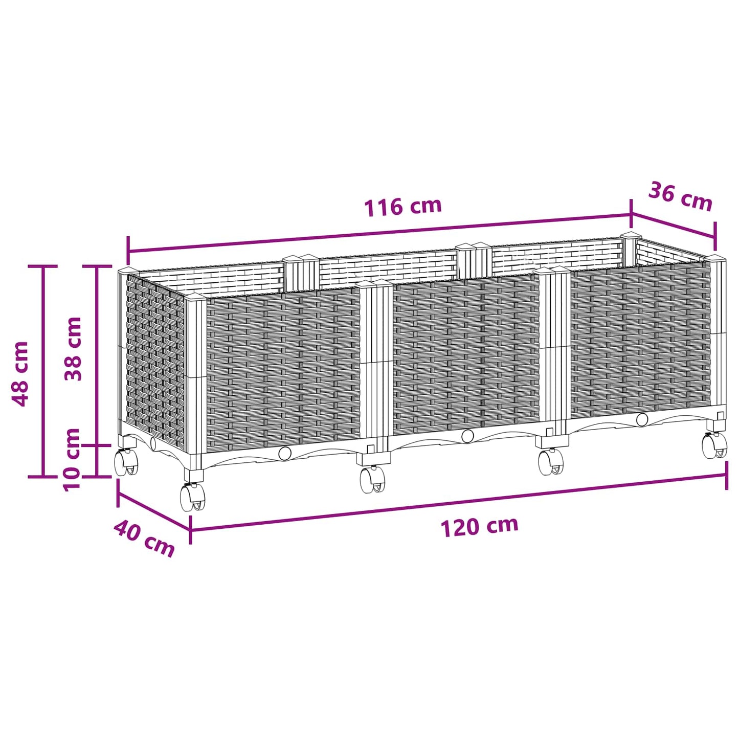 Gartenpflanzer mit Rädern Braun 120 x 40 x 44 cm PP