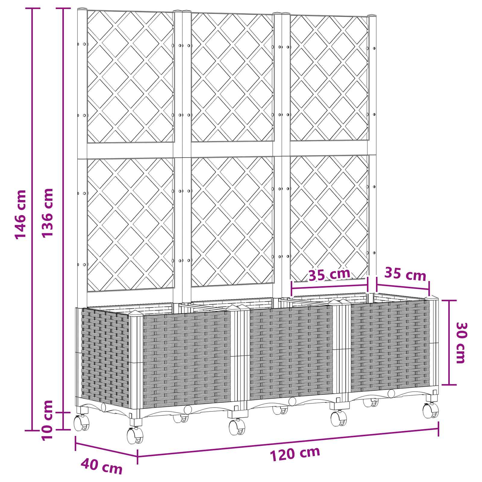 Pflanzkübel mit Spalier und Rädern Braun 120 x 40 x 146 cm PP