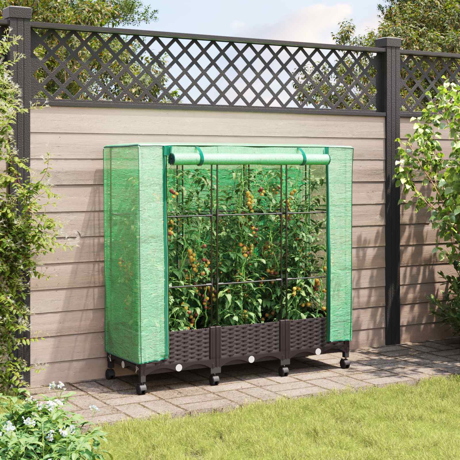 Gartenplanter mit Gewächshausabdeckung und Rädern 3 Stk. Braun