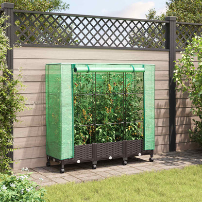 Gartenplanter mit Gewächshausabdeckung und Rädern 3 Stk. Braun