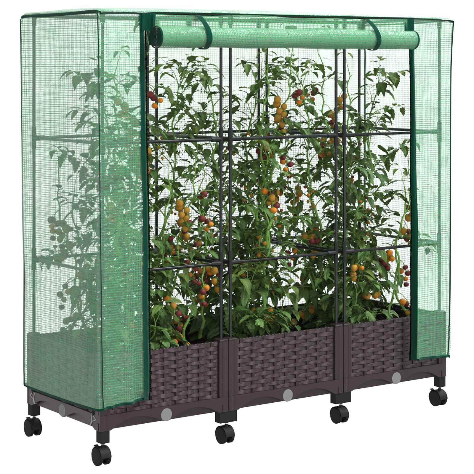 Gartenplanter mit Gewächshausabdeckung und Rädern 3 Stk. Braun