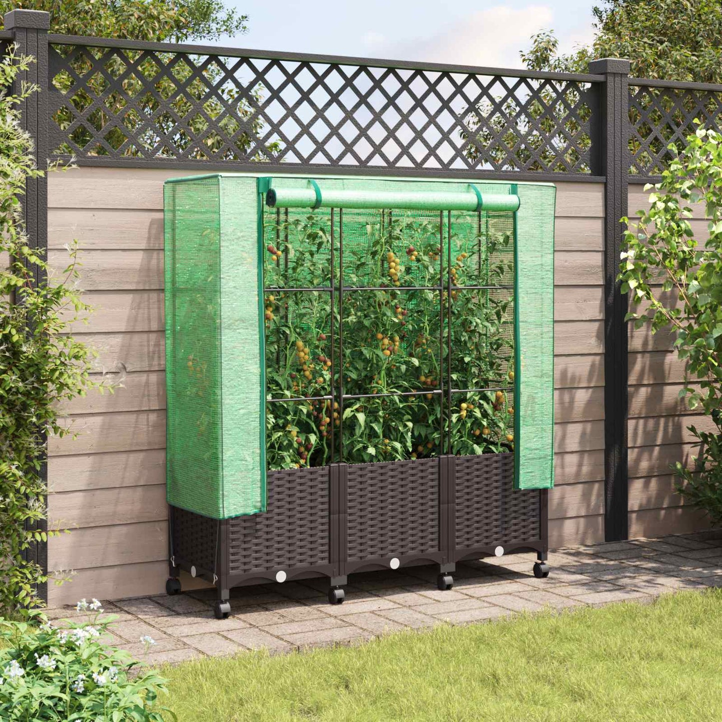 Gartenplanter mit Gewächshausabdeckung und Rädern 3 Stk. Braun