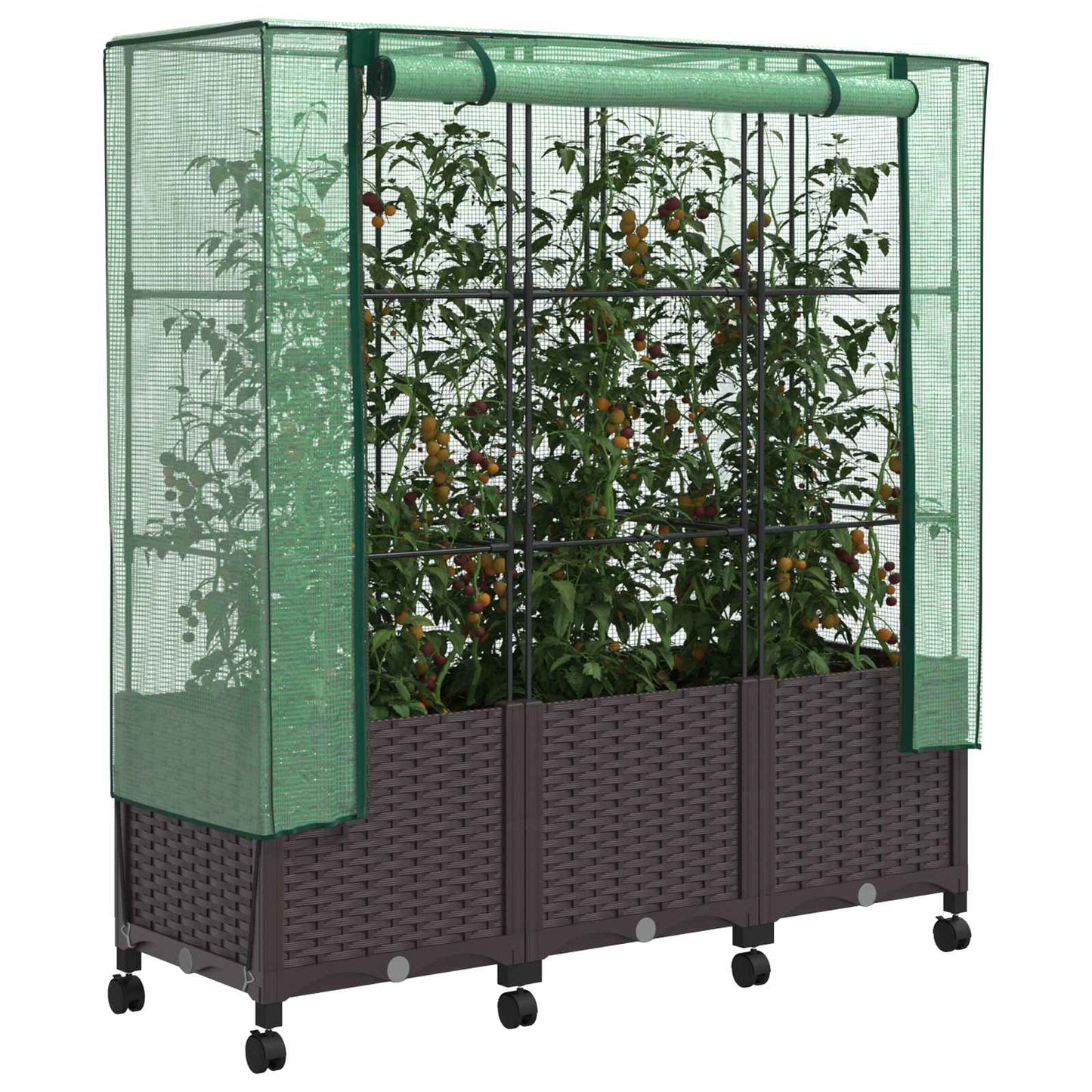Gartenplanter mit Gewächshausabdeckung und Rädern 3 Stk. Braun