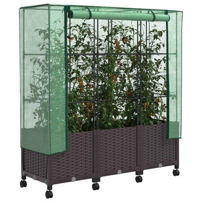 Gartenplanter mit Gewächshausabdeckung und Rädern 3 Stk. Braun