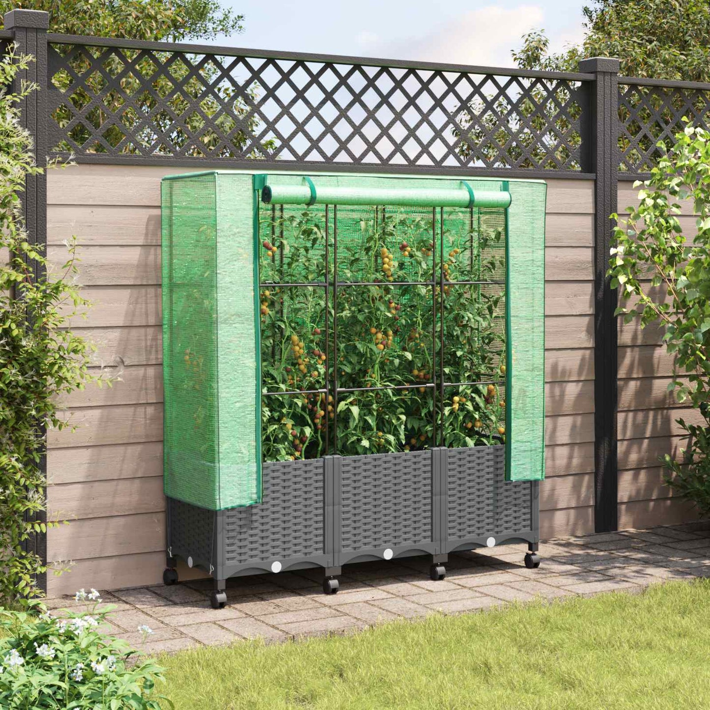 Gartenplanter mit Gewächshausabdeckung und Rädern 3 Stk. PP