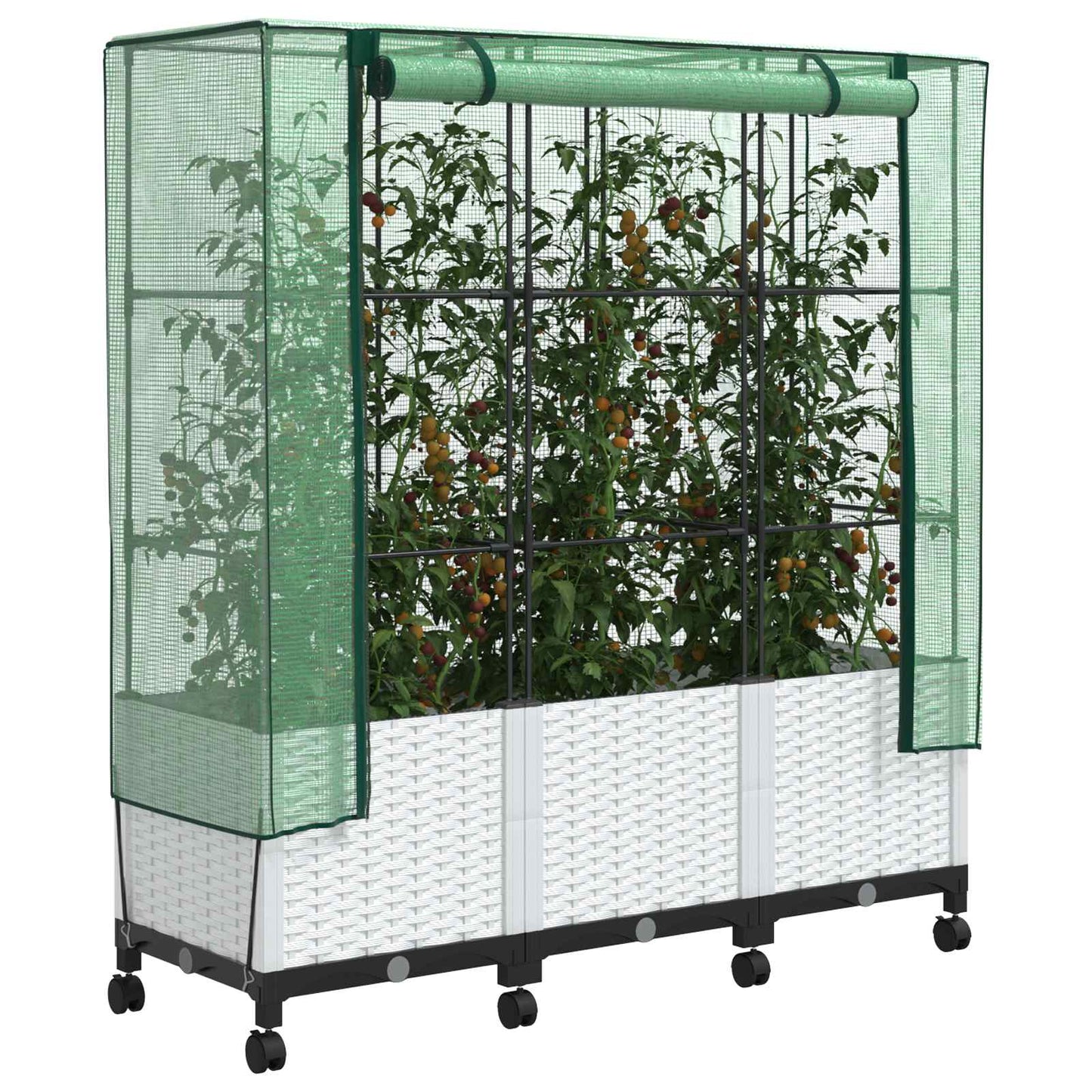 Gartenplanter mit Gewächshausabdeckung und Rädern 3 Stk. Weiß