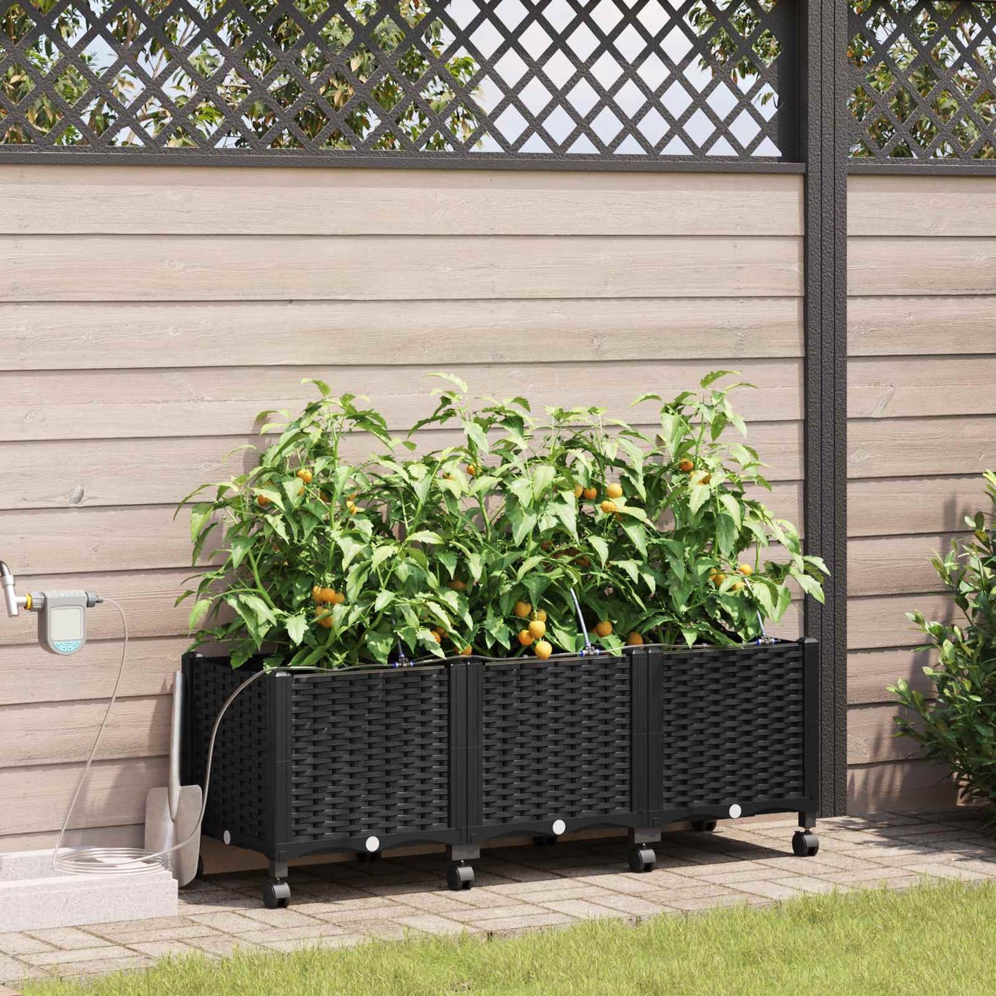 Garten Blumenkübel mit Bewässerung und Rädern 3 Stk. Schwarz PP