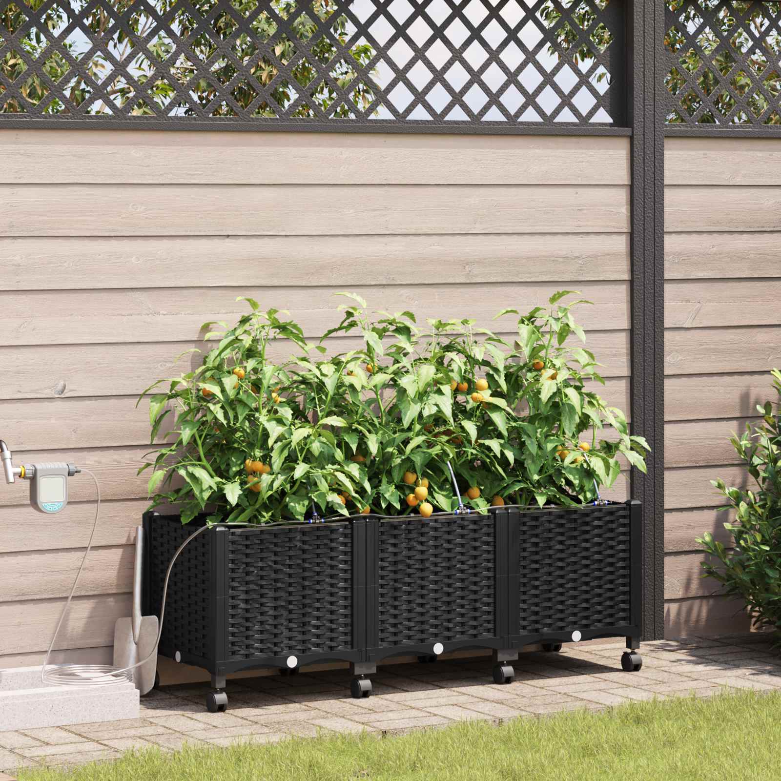 Garten Blumenkübel mit Bewässerung und Rädern 3 Stk. Schwarz PP