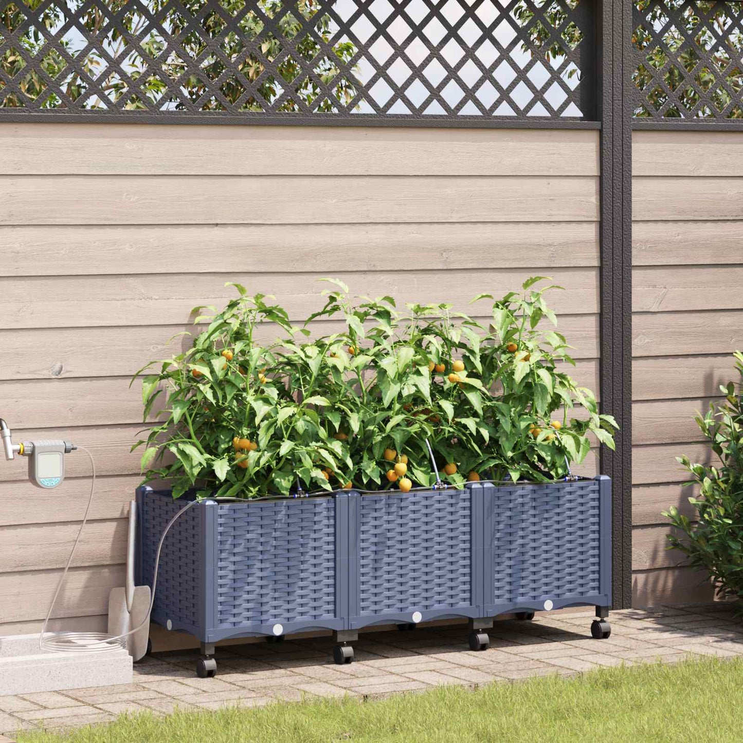 Garten Blumenkübel mit Bewässerung und Rädern 3 Stk. Grau PP