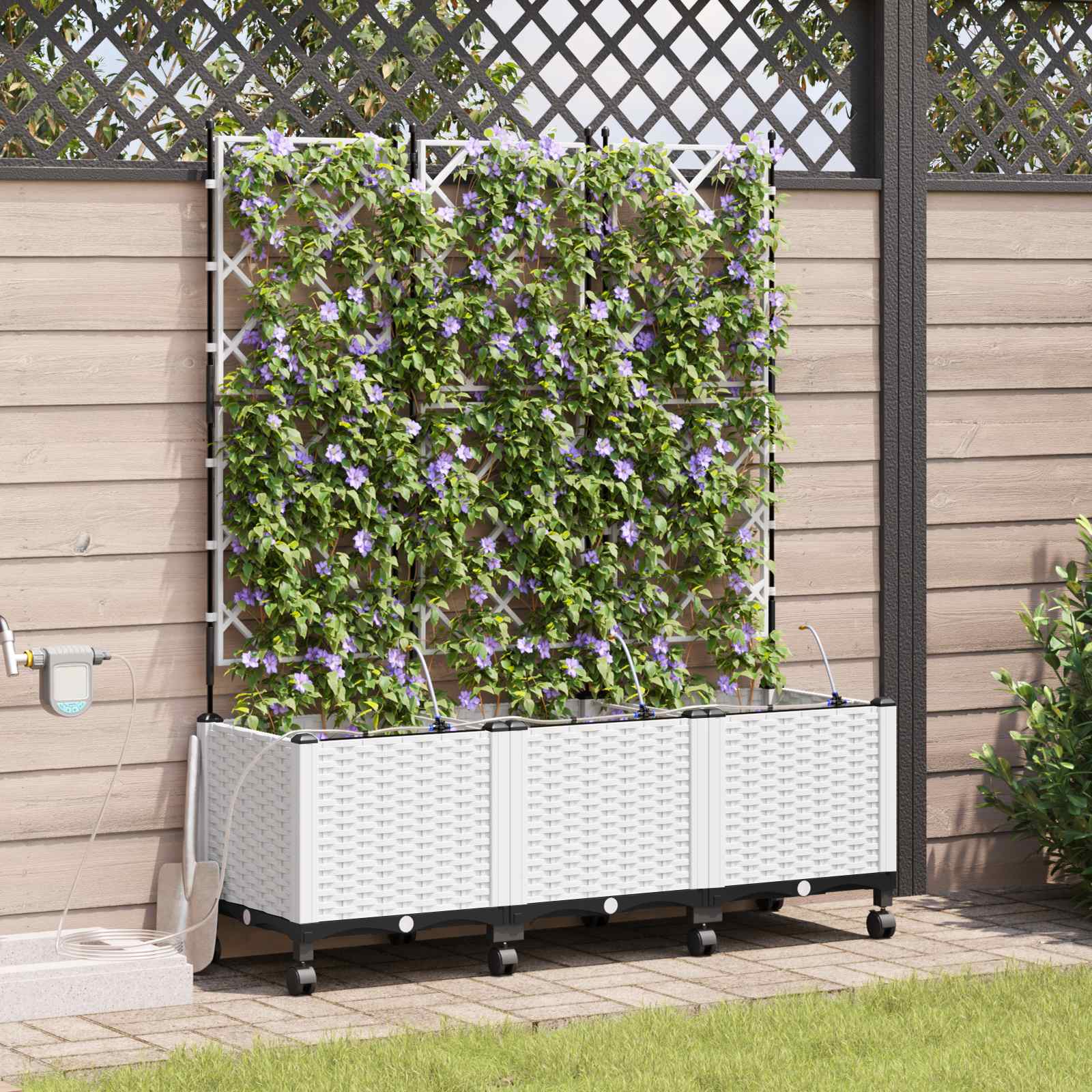 Garten Blumenkübel mit Bewässerung und Rädern 3 Stk. Weiß PP