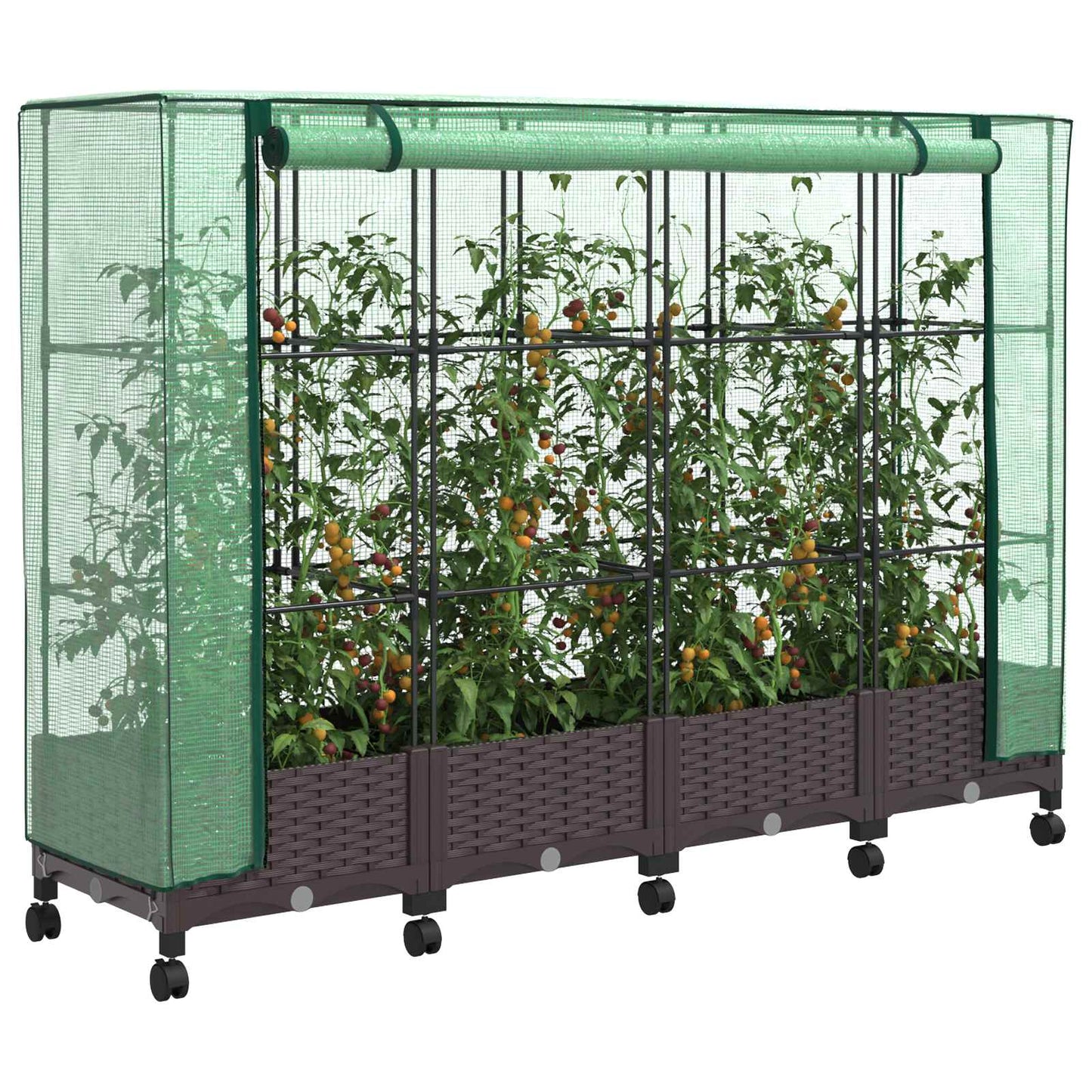Gartenplanter mit Gewächshausabdeckung und Rädern 4 Stk. Braun