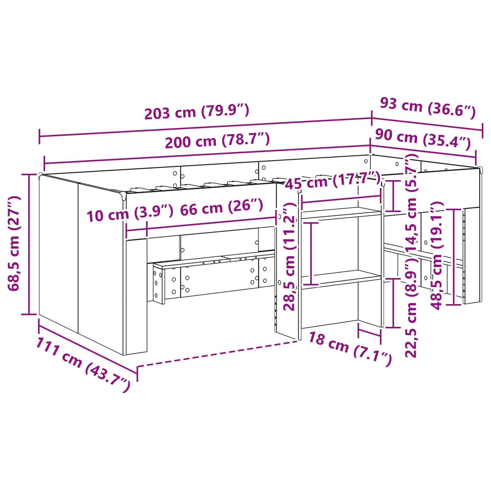 Hochbett für Kinder Betongrau 90 x 200 cm Holzwerkstoff