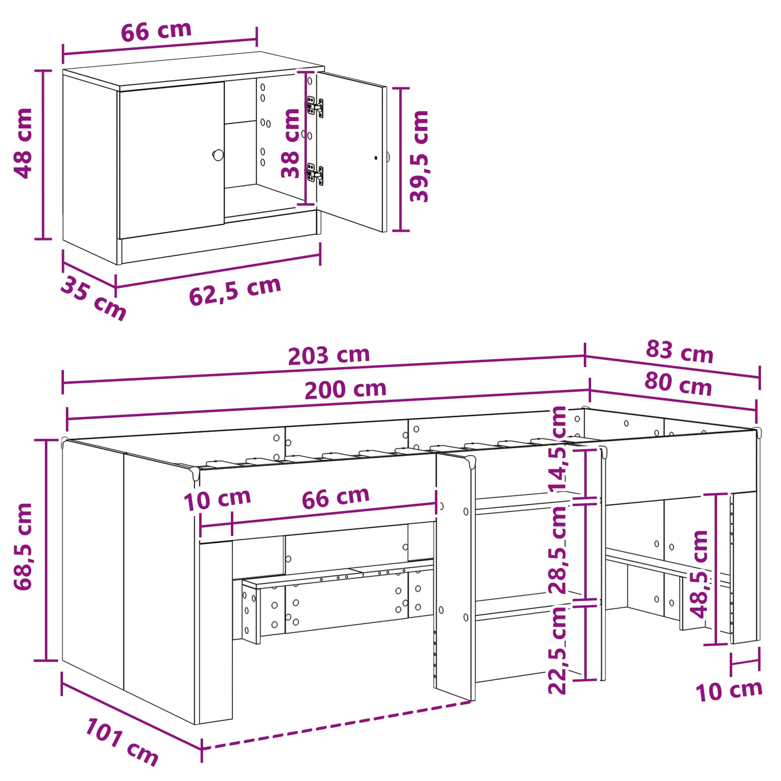 Loft Bettgestell mit Schrank mit Tür 3 stk. Weiß Holzwerkstoff
