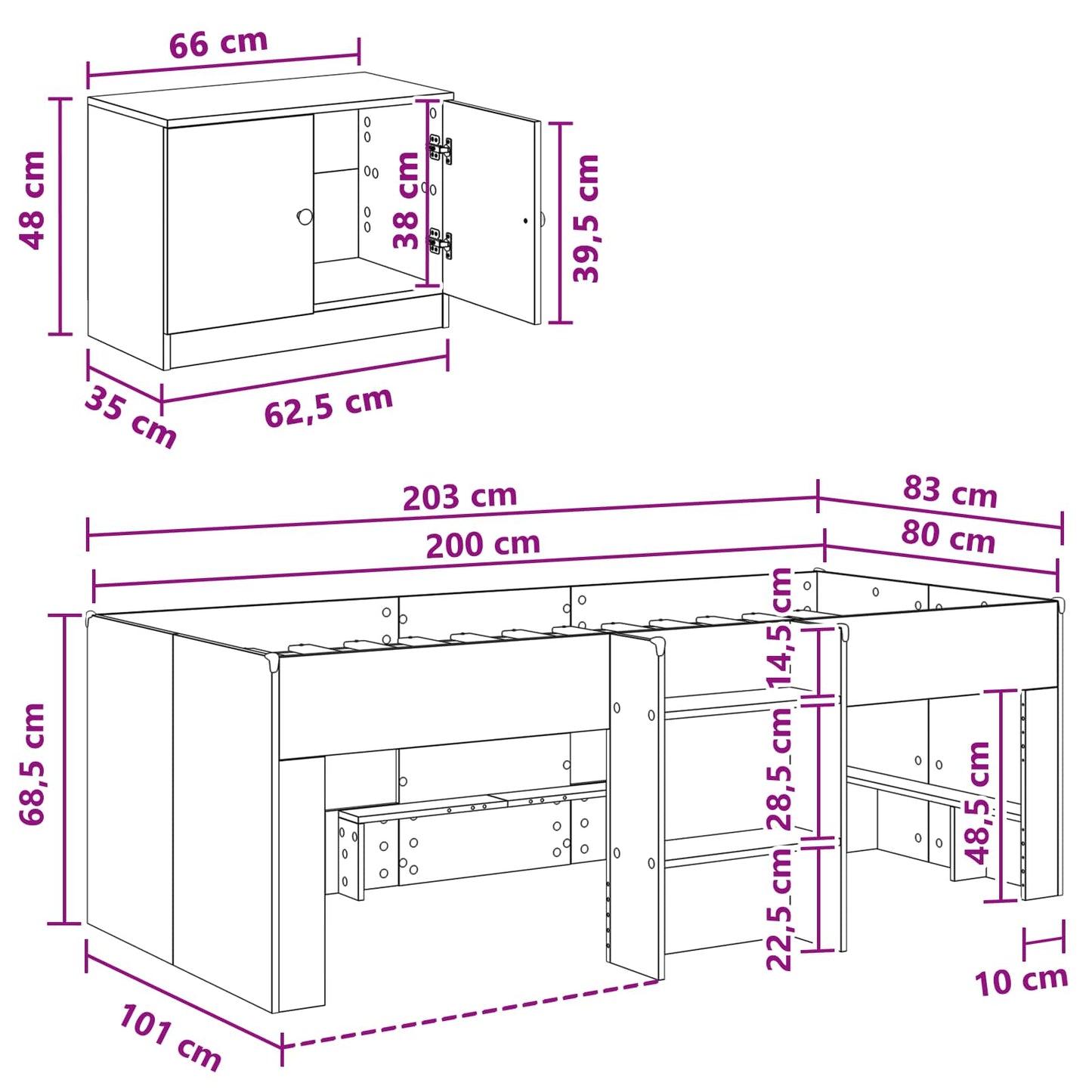 Loft Bettgestell mit Schrank 3 stk. Schwarz Holzwerkstoff
