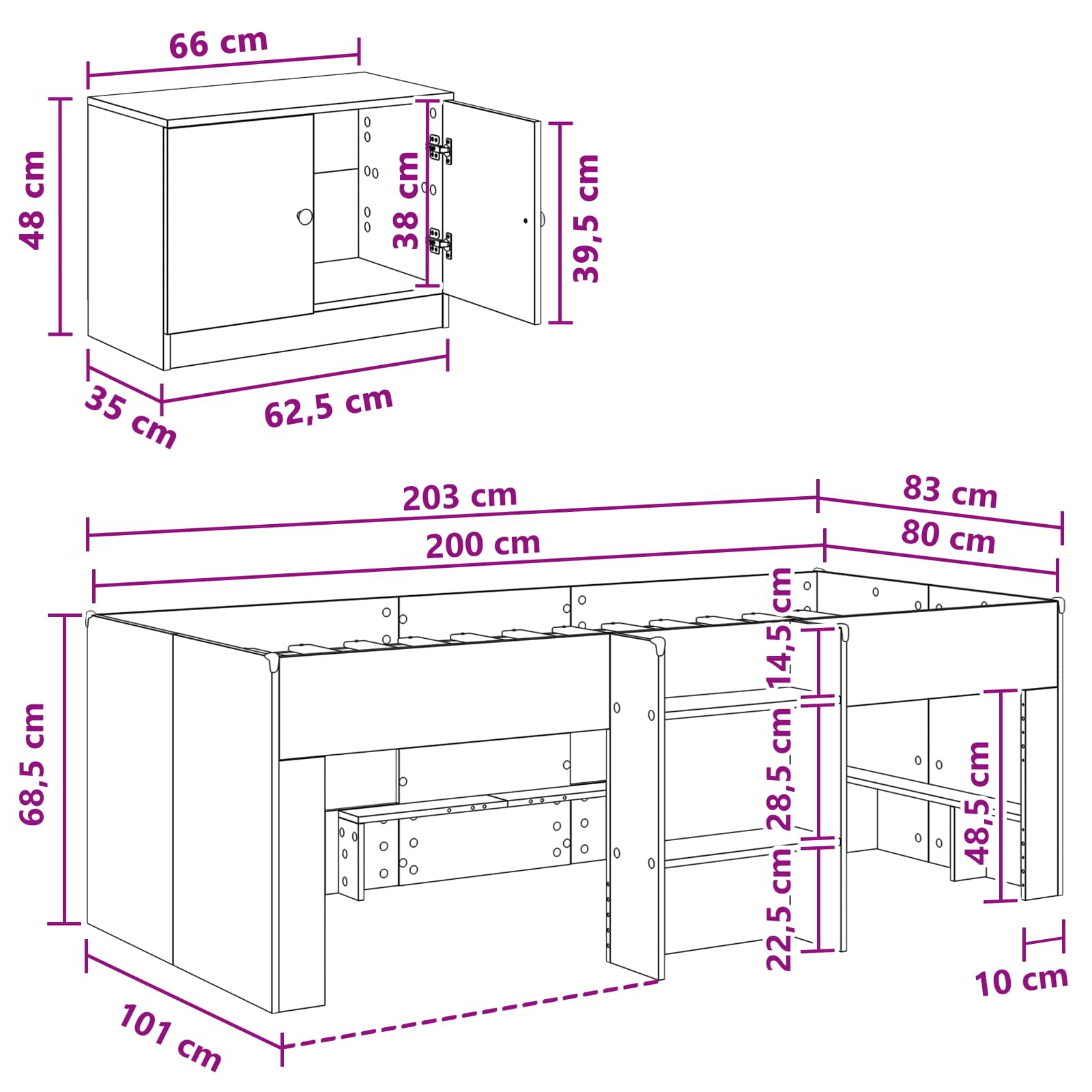 Loft Bettgestell mit Schrank 3 stk. Schwarz Holzwerkstoff