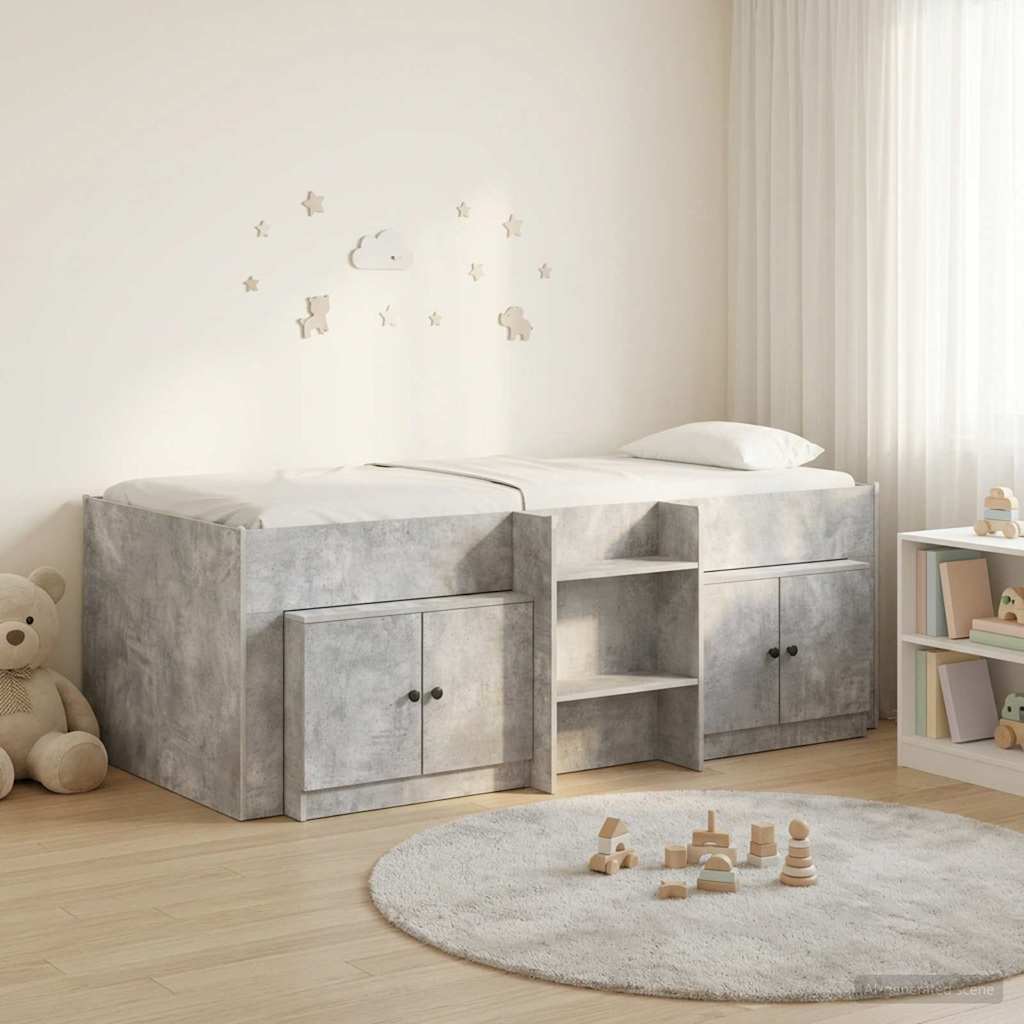 Loft Bettgestell mit Schrank 3 stk. Betongrau Holzwerkstoff