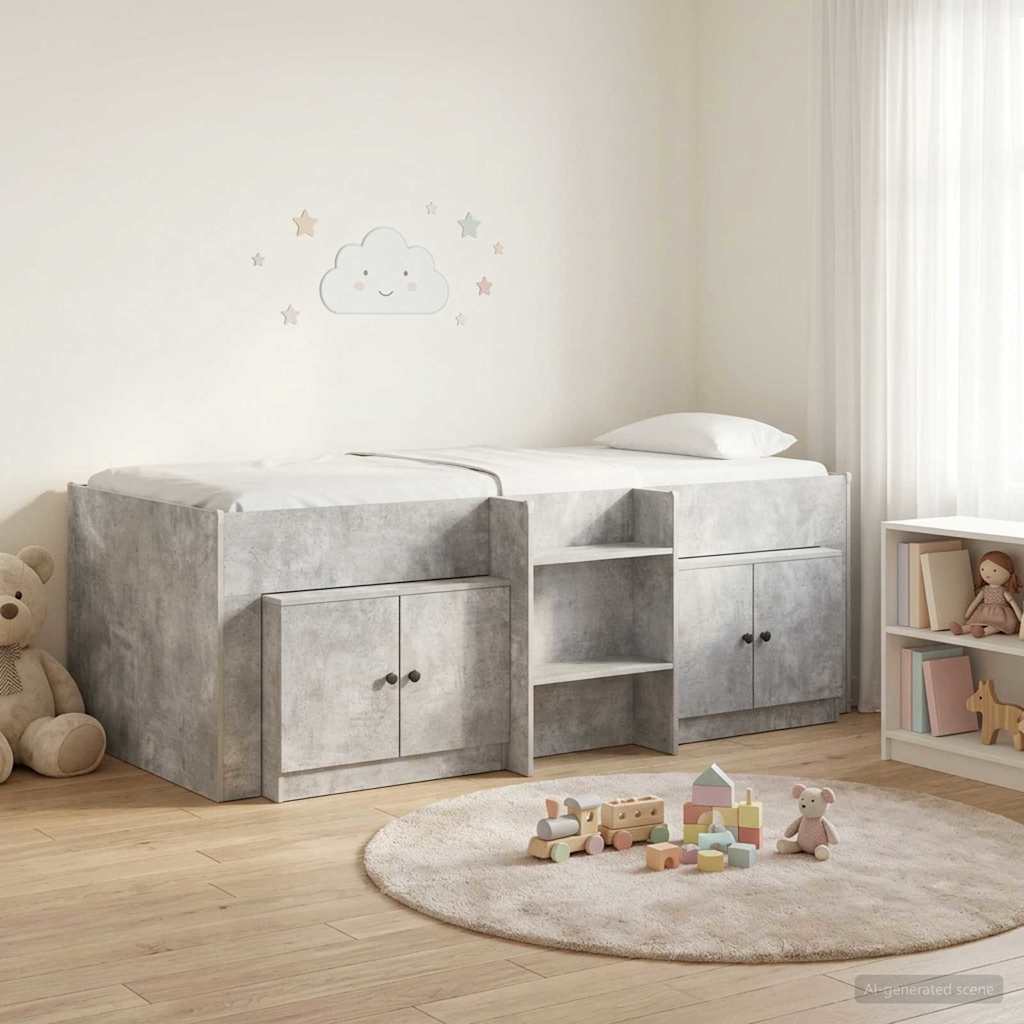 Loft Bettgestell mit Schrank 3 stk. Betongrau Holzwerkstoff