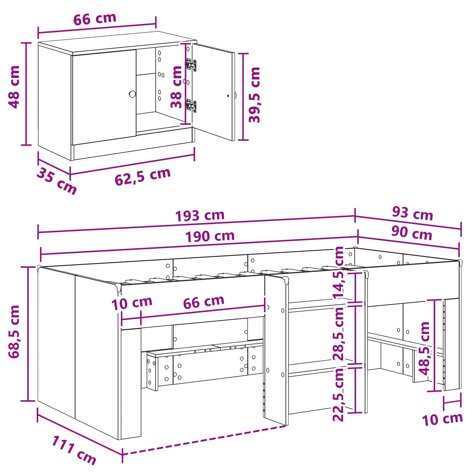 Loft Bettgestell mit Schrank mit Tür 3 stk. Weiß Holzwerkstoff