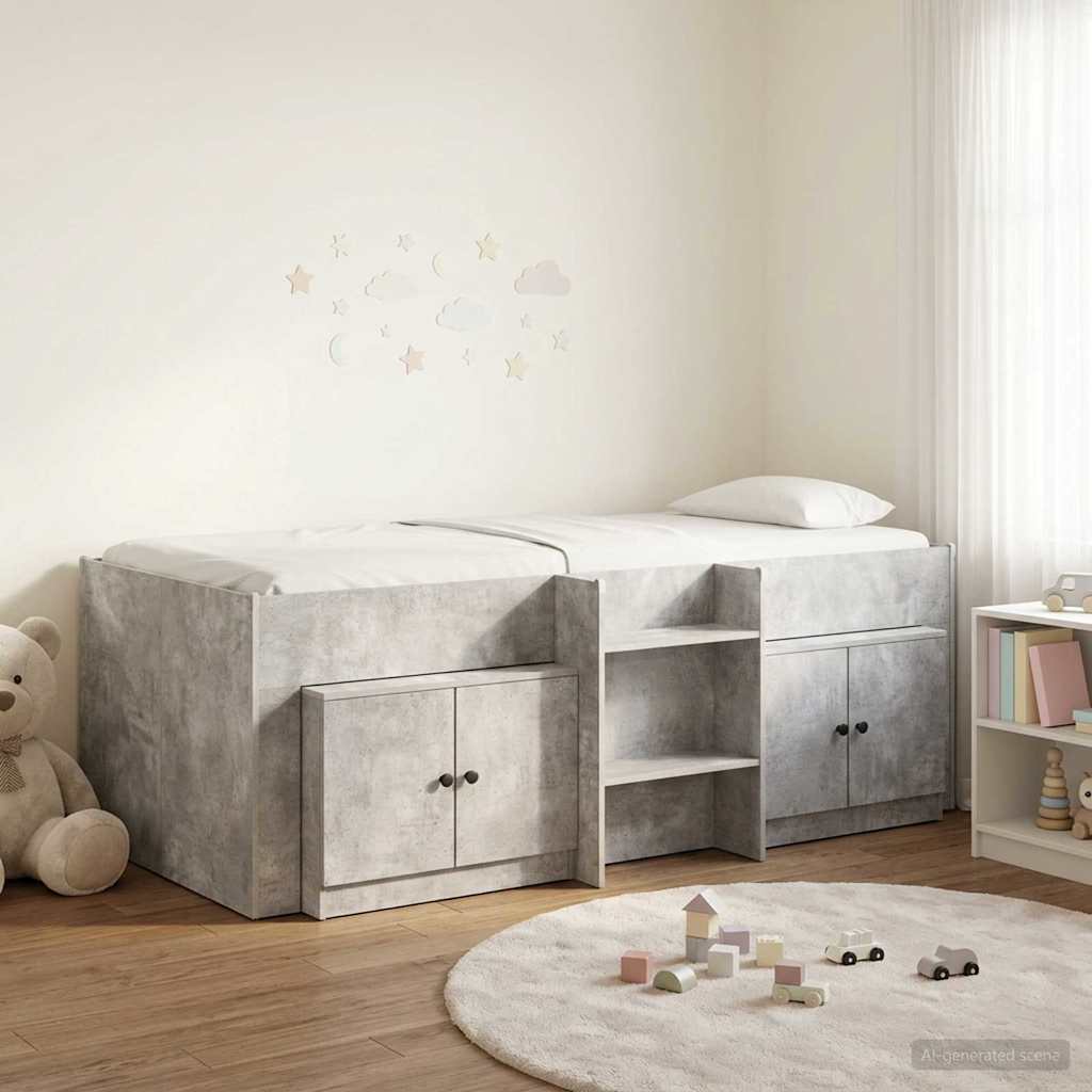 Loft Bettgestell mit Schrank 3 stk. Betongrau Holzwerkstoff
