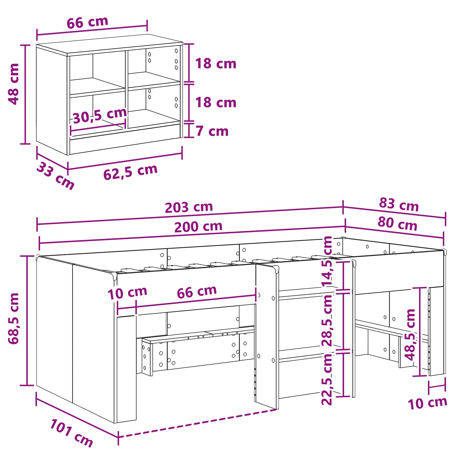 Loft Bettgestell mit Schrank 3 stk. Weiß Holzwerkstoff