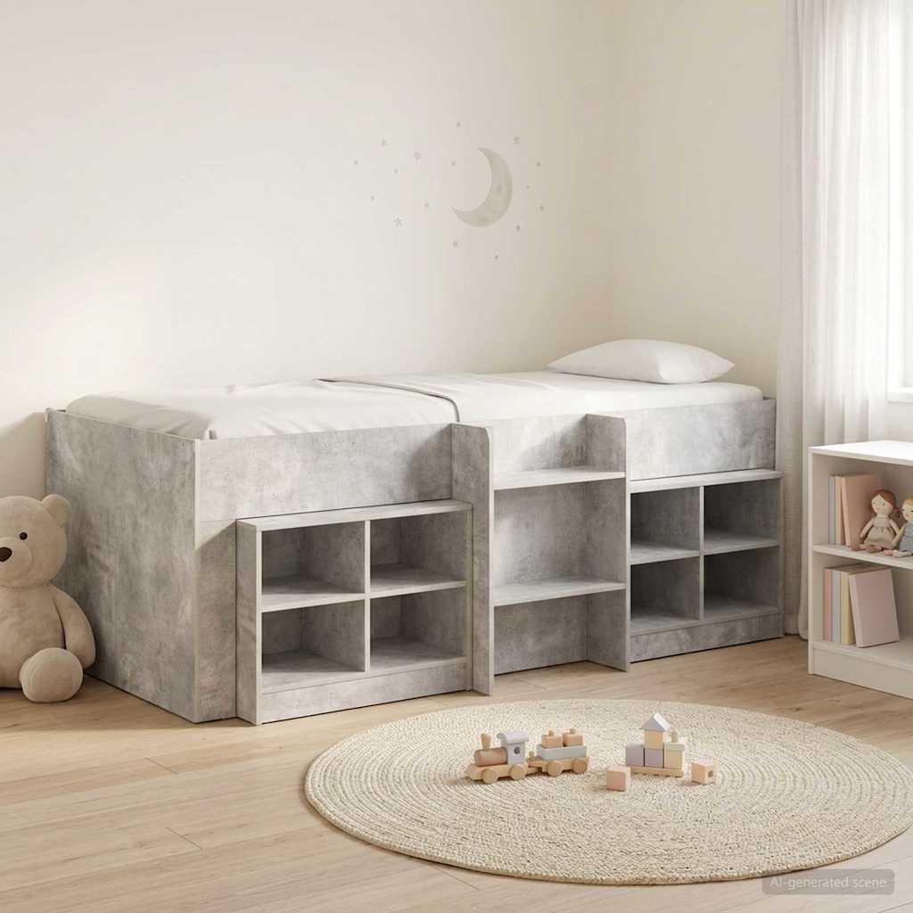 Loft Bettgestell mit Schrank 3 Stk. Betongrau Holzwerkstoff