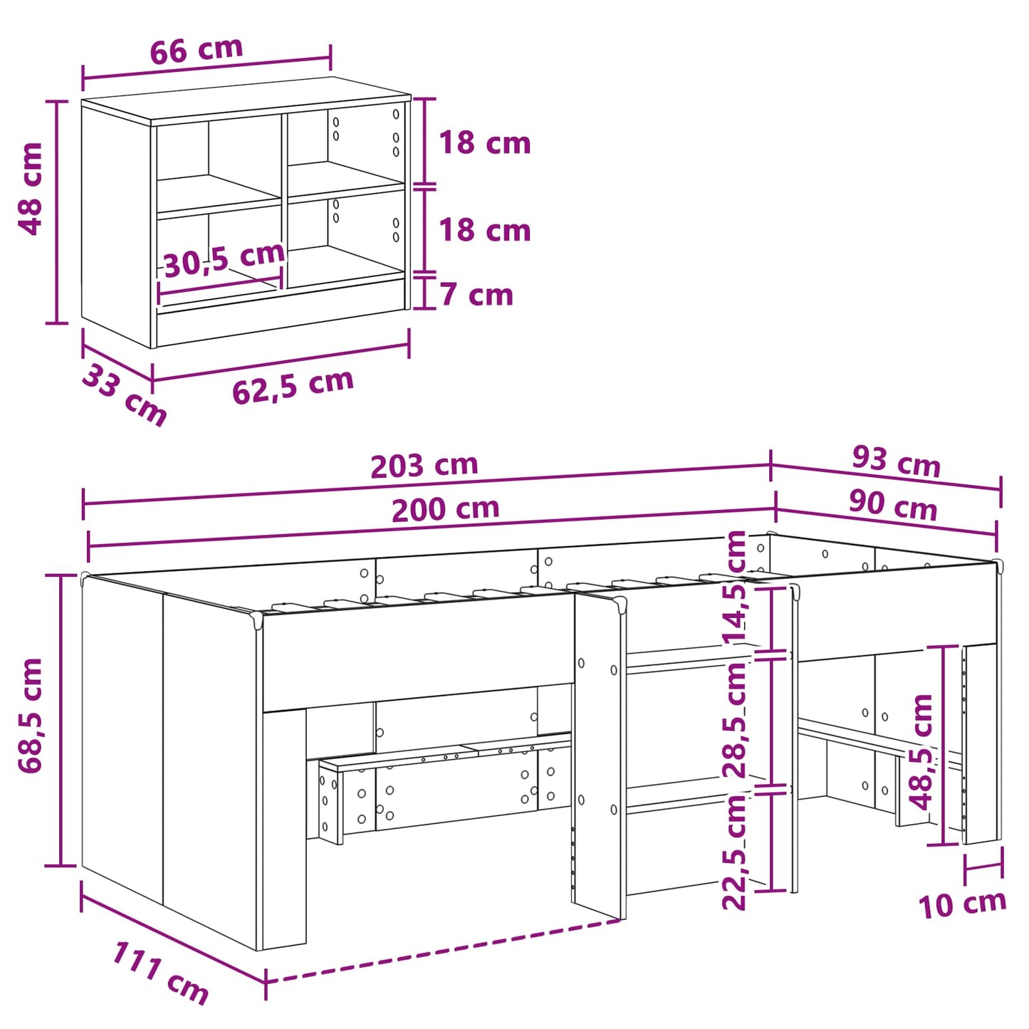Loft Bettgestell mit Schrank 3 stk. Weiß Holzwerkstoff