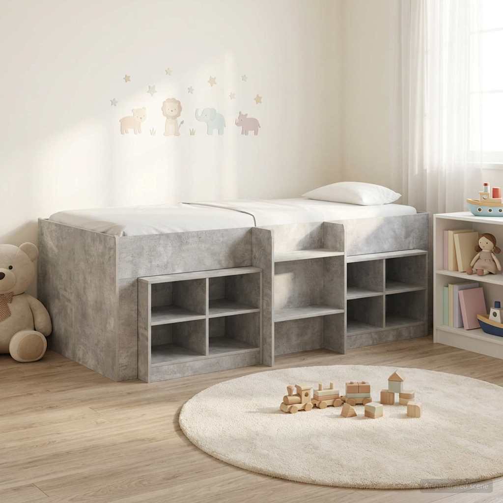 Loft Bettgestell mit Schrank 3 Stk. Betongrau Holzwerkstoff