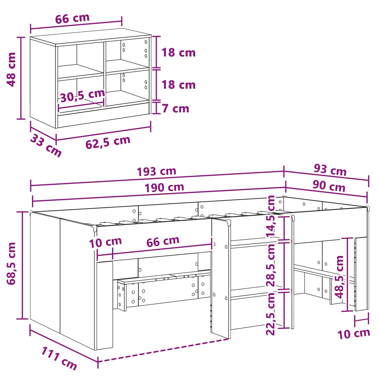 Loft Bettgestell mit Schrank 3 stk. Weiß Holzwerkstoff