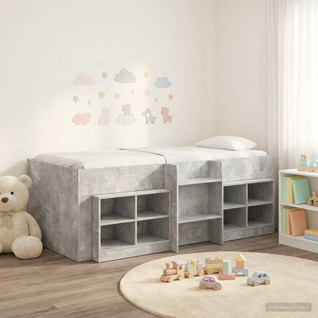 Loft Bettgestell mit Schrank 3 Stk. Betongrau Holzwerkstoff
