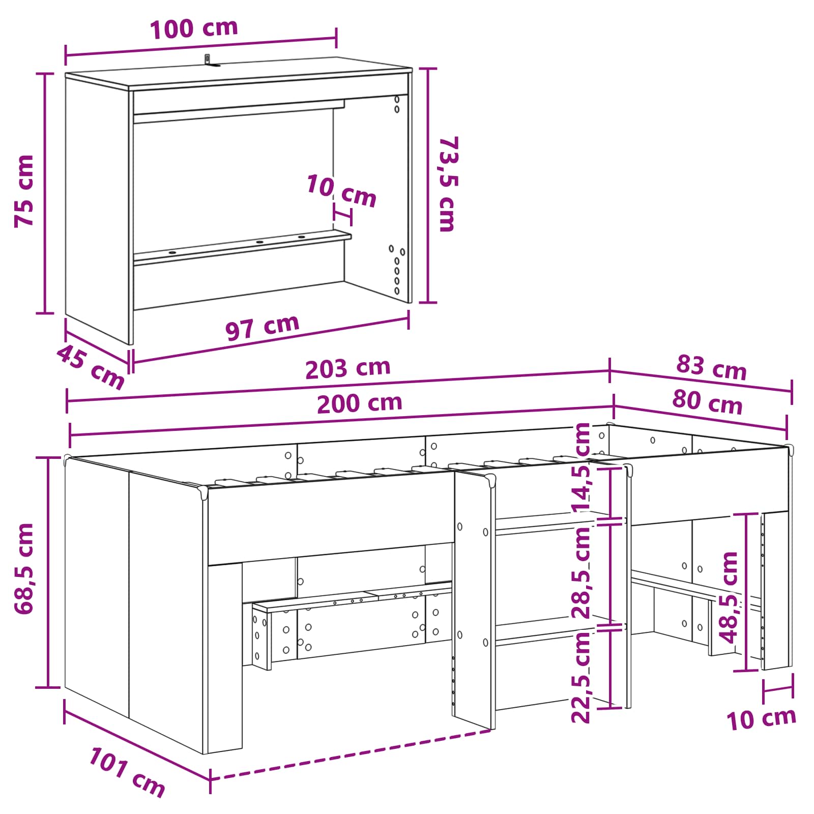 Hochbett mit Schreibtisch für Kinder 2 Stk. Weiß Holzwerkstoff