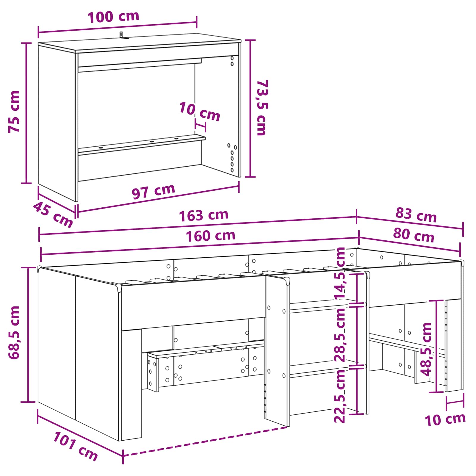 Hochbett mit Schreibtisch für Kinder 2 Stk. Sonoma-Eiche