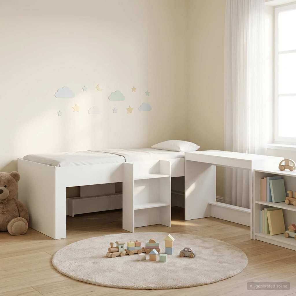 Hochbett mit Schreibtisch für Kinder 2 Stk. Weiß Holzwerkstoff
