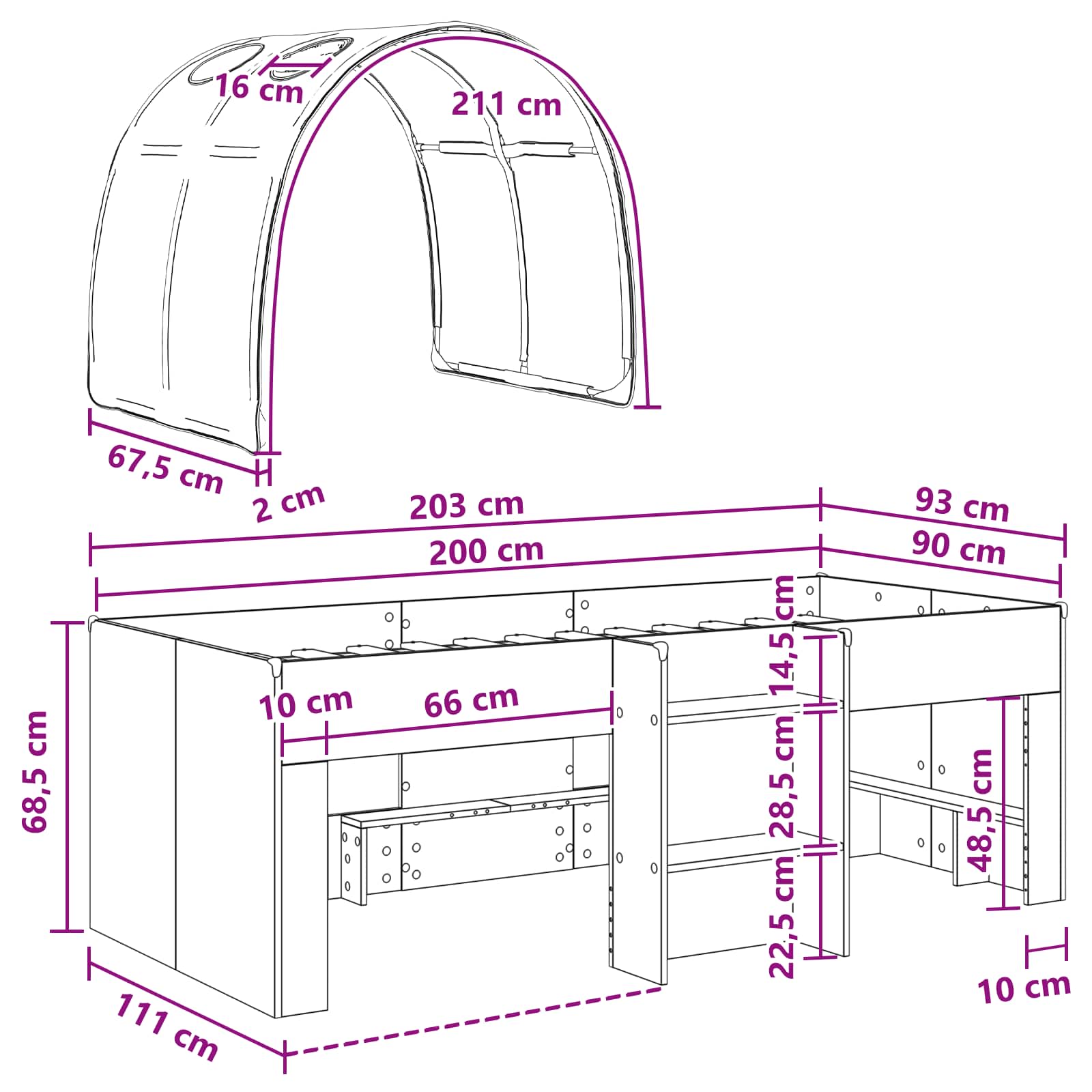 Hochbett für Kinder mit Tunnel 3 Stk. Weiß Holzwerkstoff
