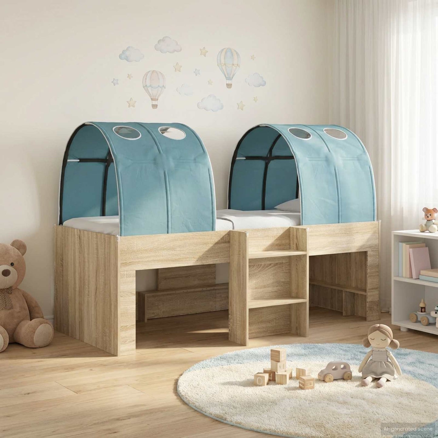 Hochbett für Kinder mit Tunnel 3 Stk. Sonoma Eiche und Hellblau