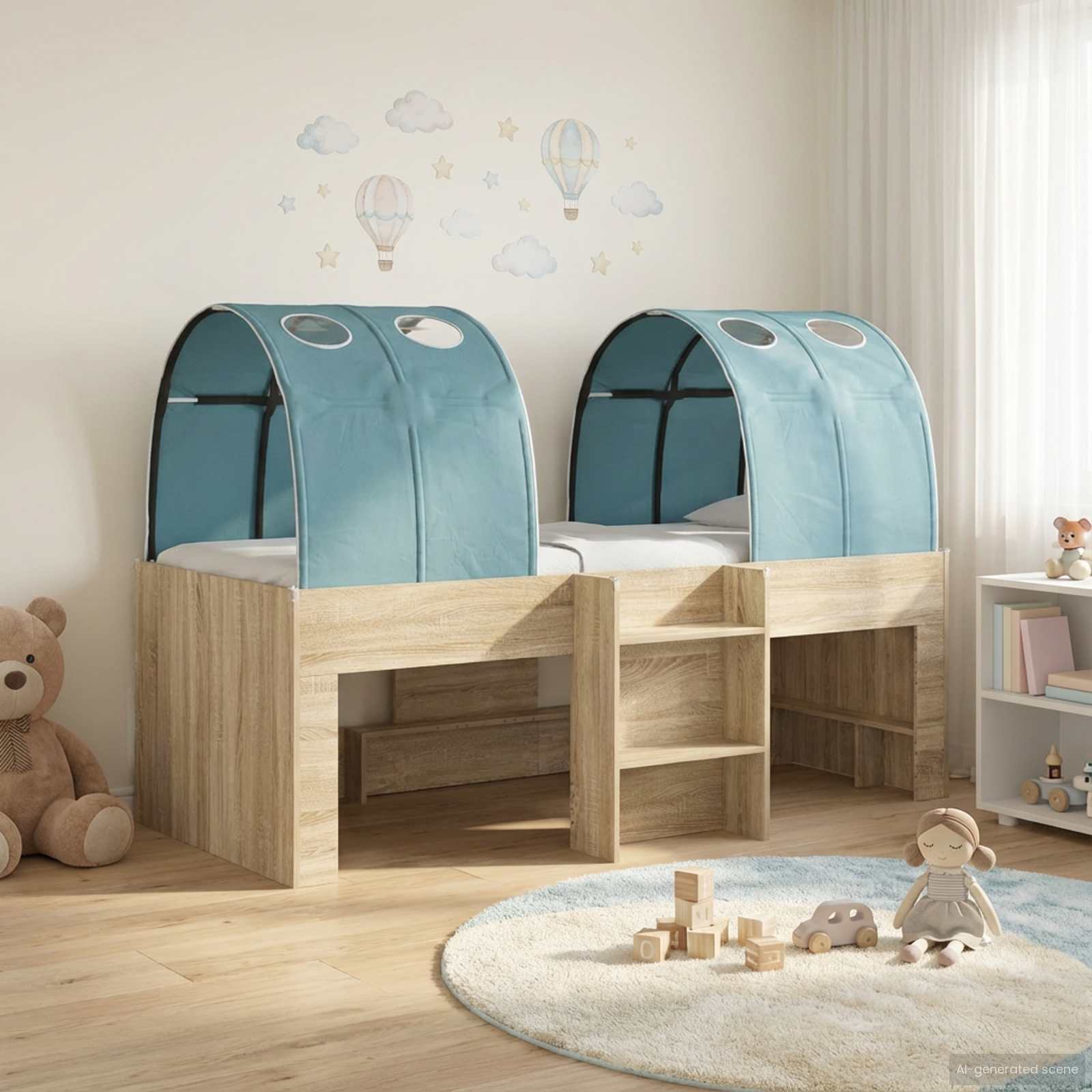Hochbett für Kinder mit Tunnel 3 Stk. Sonoma Eiche und Hellblau