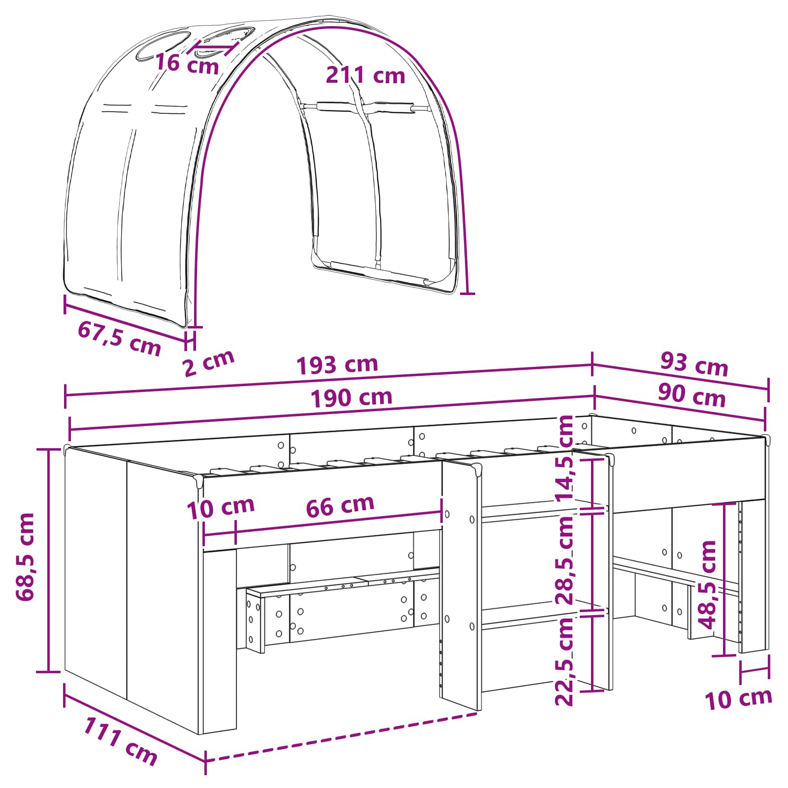 Bett mit Tunnel 3 stk. Weiß und Hellblau Holzwerkstoff