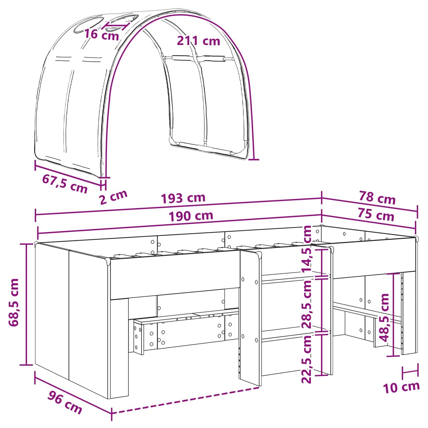 Bett mit Tunnel 3 stk. Weiß und Schwarz Holzwerkstoff
