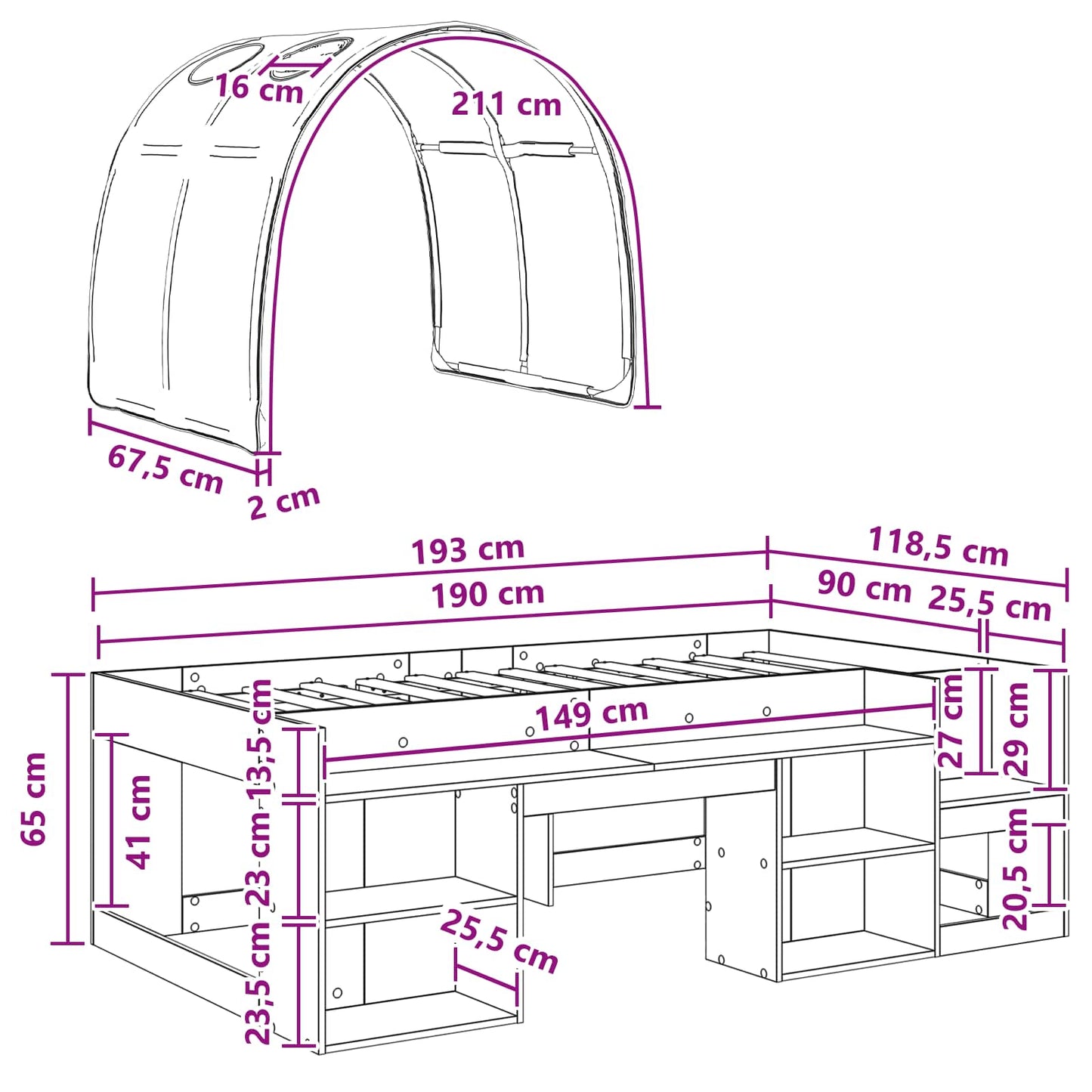 Bettgestell mit Tunnel mit Regal 3 stk. Sonoma-Eiche und Weiß