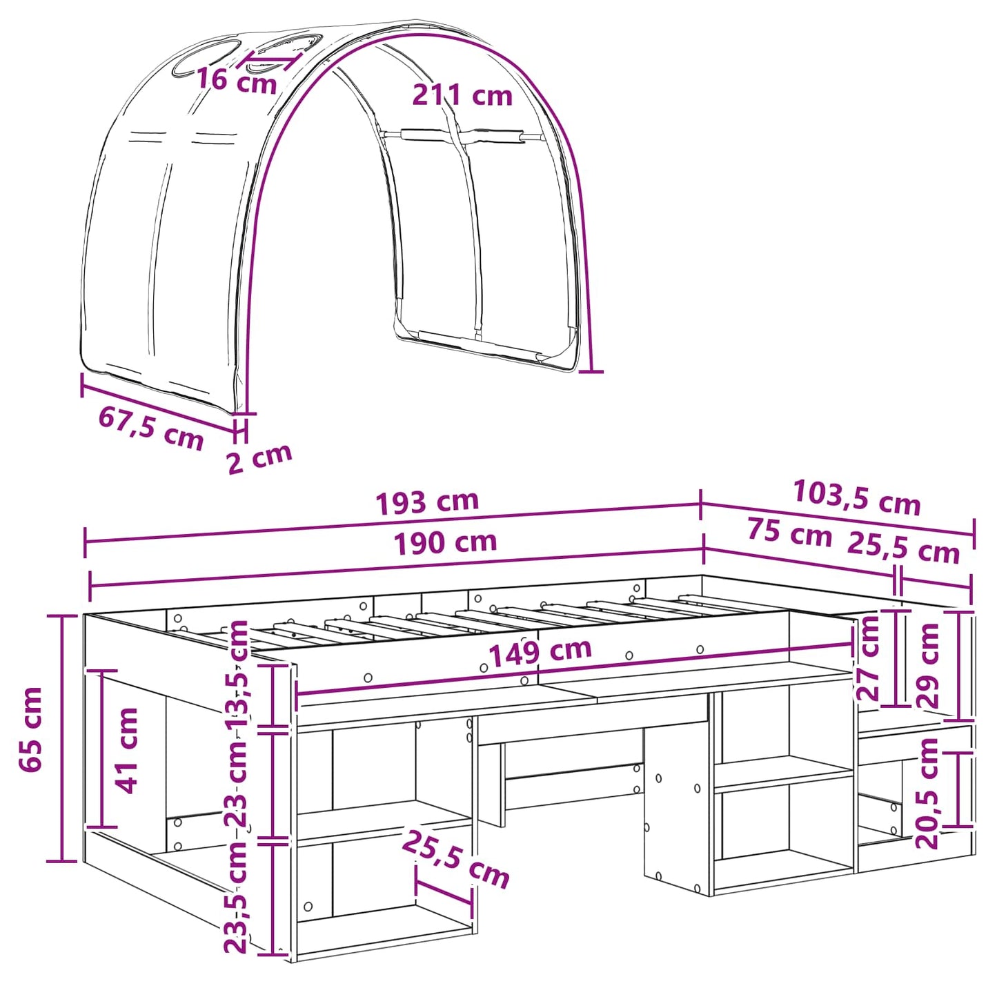 Bettgestell mit Tunnel mit Regal 3 stk. Weiß Holzwerkstoff