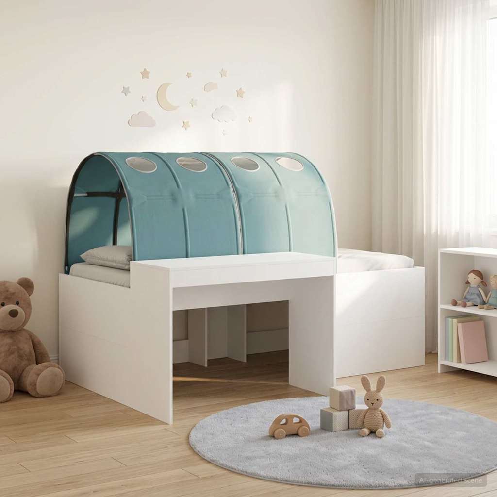 Bett mit Tunnel 4 stk. Weiß und Hellblau Holzwerkstoff