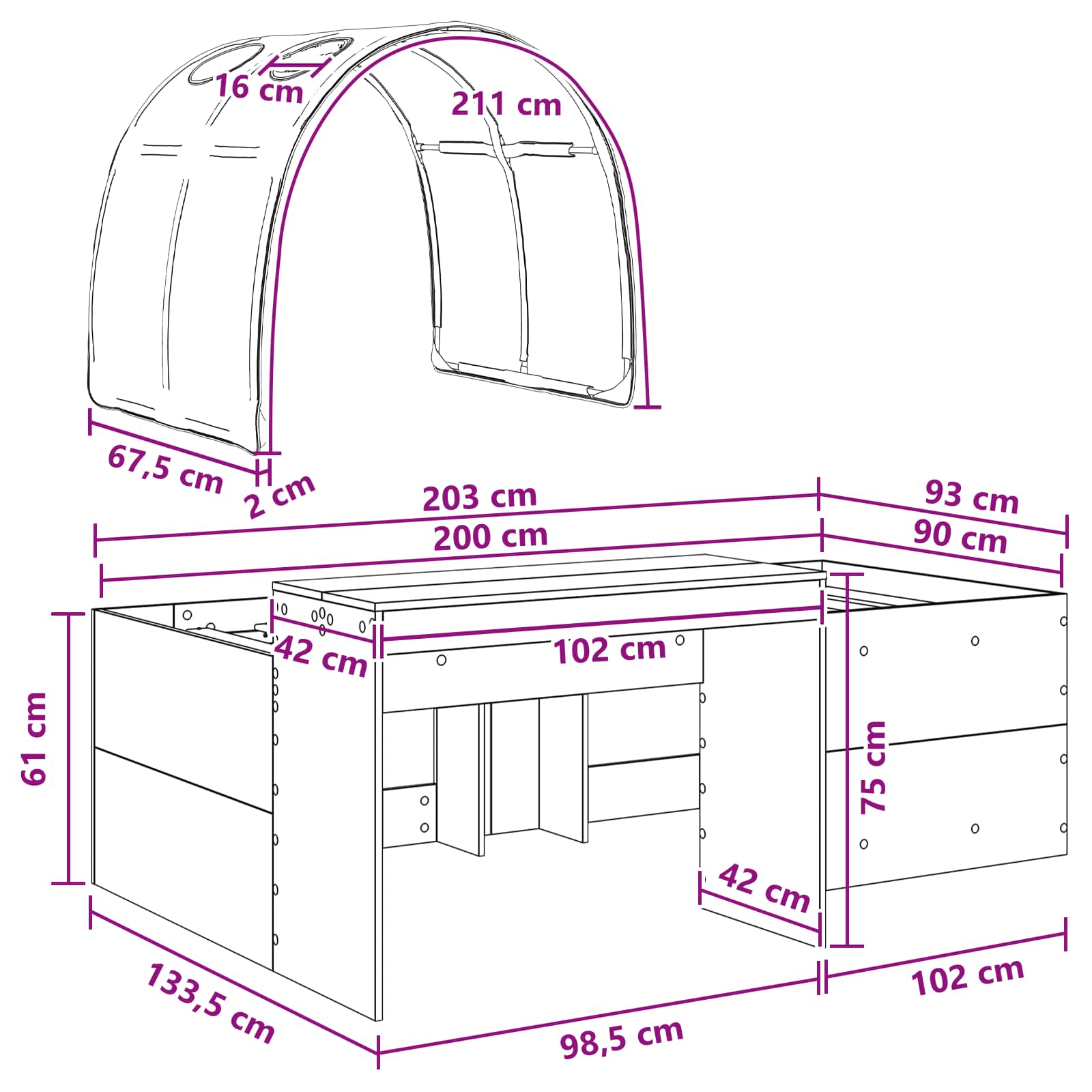 Bett mit Tunnel 4 stk. Weiß und Schwarz Holzwerkstoff