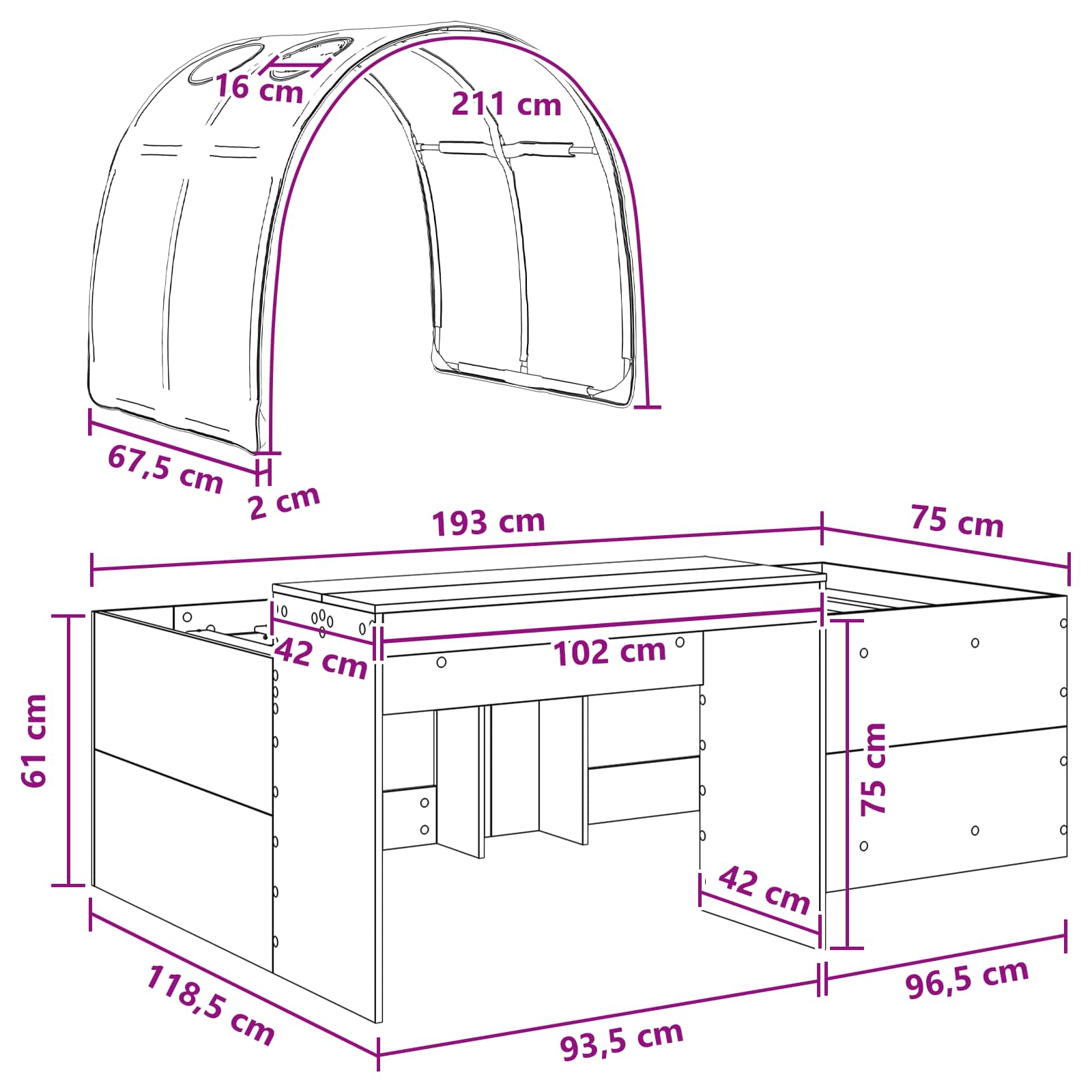 Bett mit Tunnel 3 stk. Artisian Eiche und Pink Holzwerkstoff